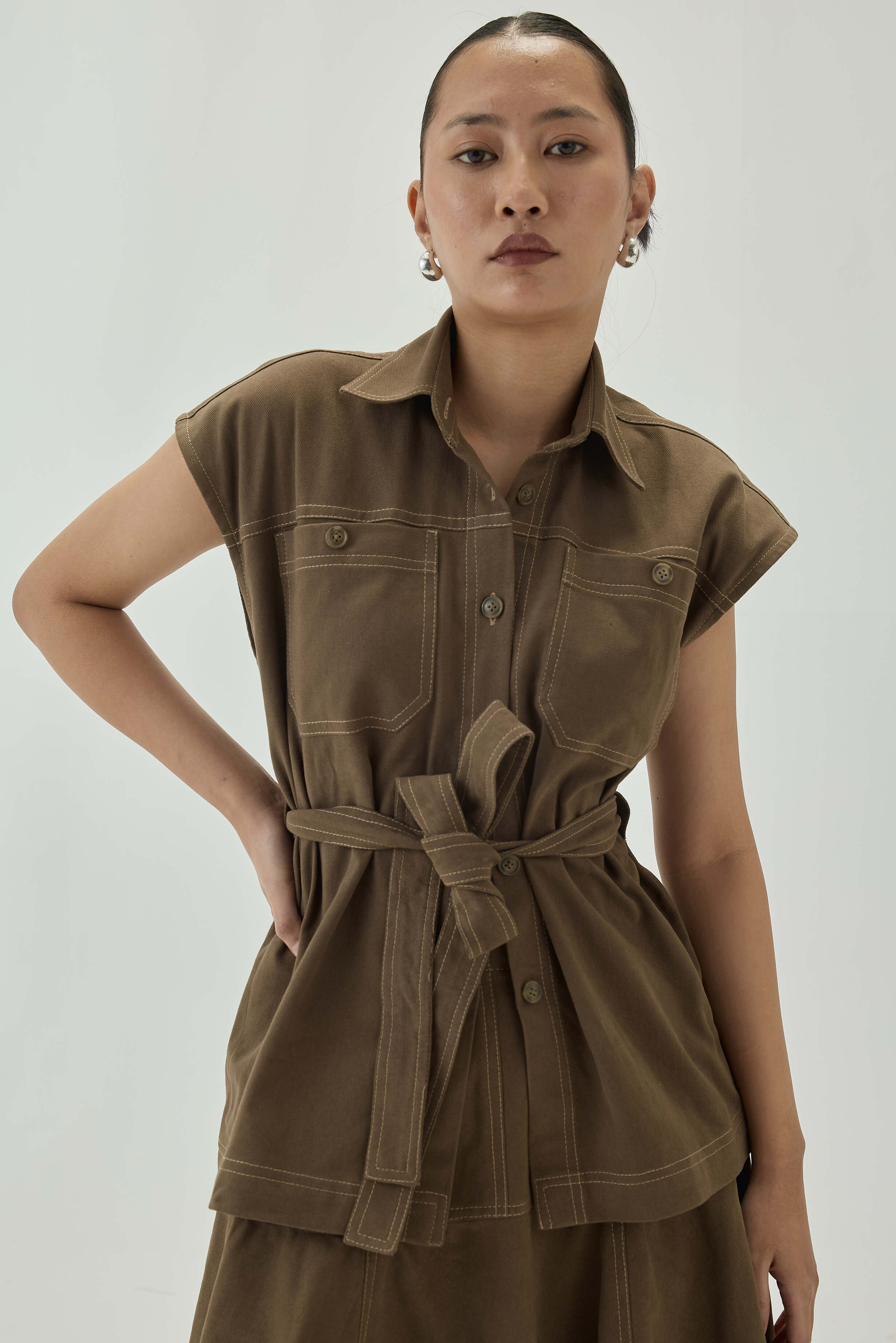 Shacket with Belt and Top Stitch Detail | Olive Green
