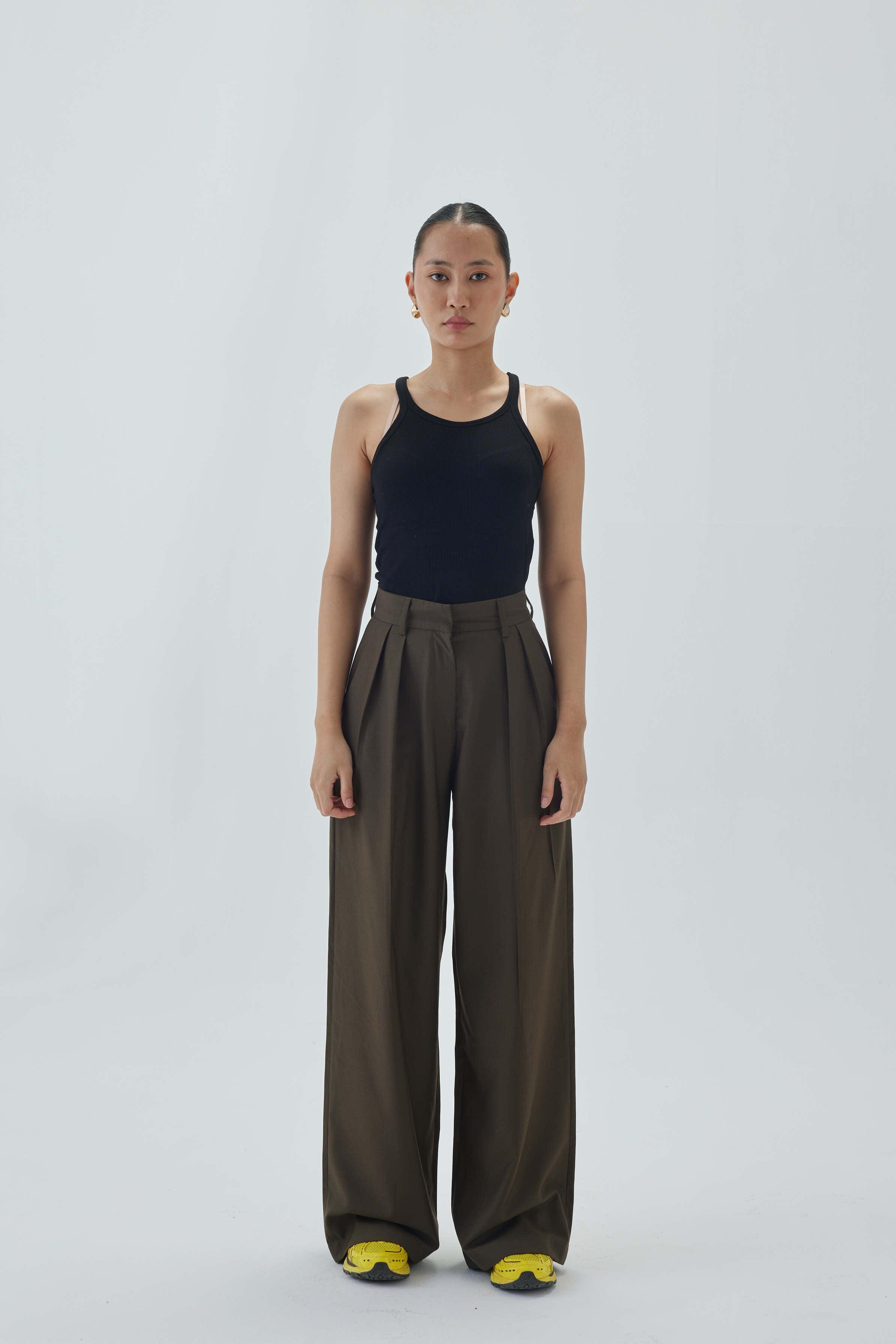High Waist Pleated Wide Leg Pant | Olive Green