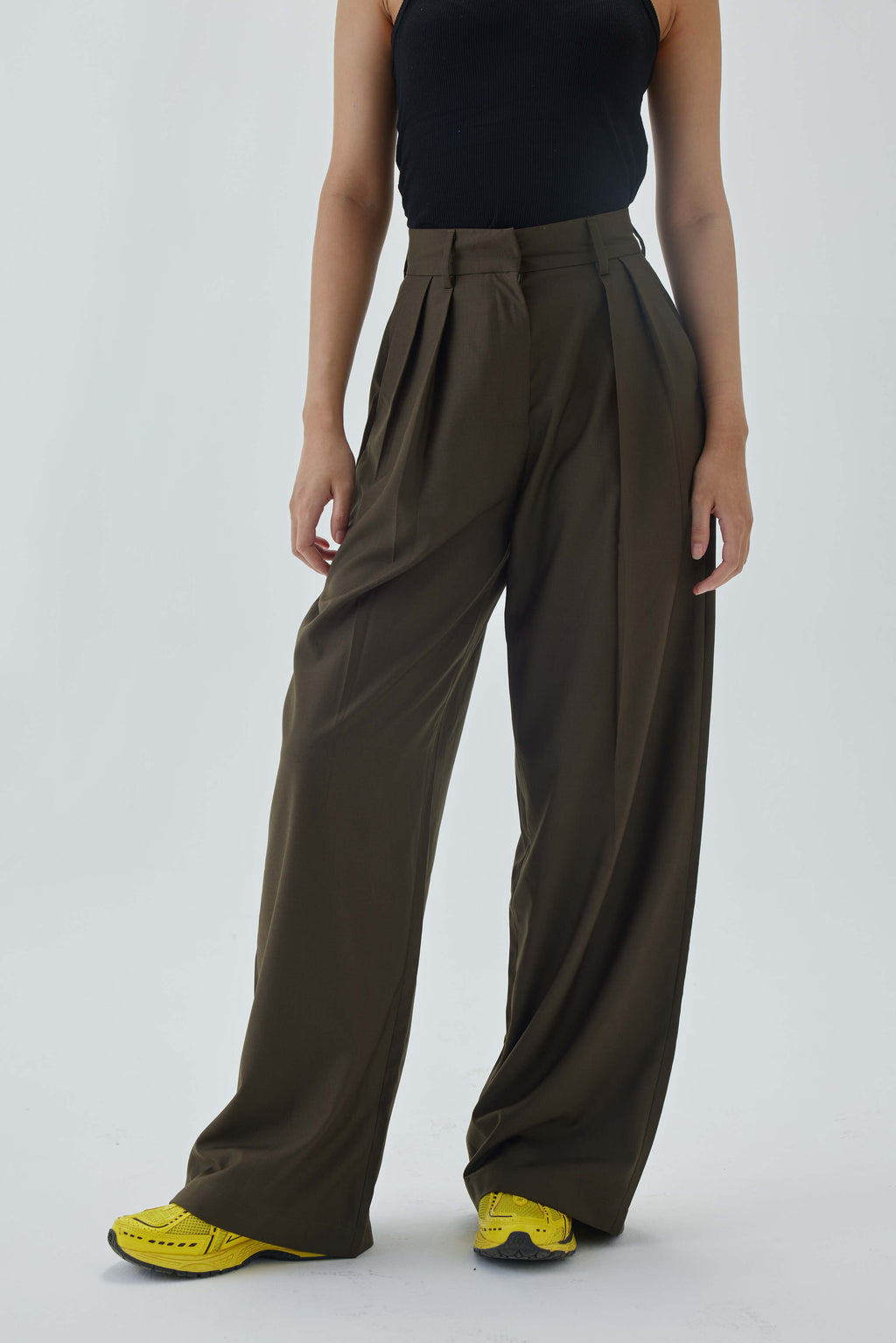 High Waist Pleated Wide Leg Pant | Olive Green