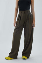 High Waist Pleated Wide Leg Pant | Olive Green