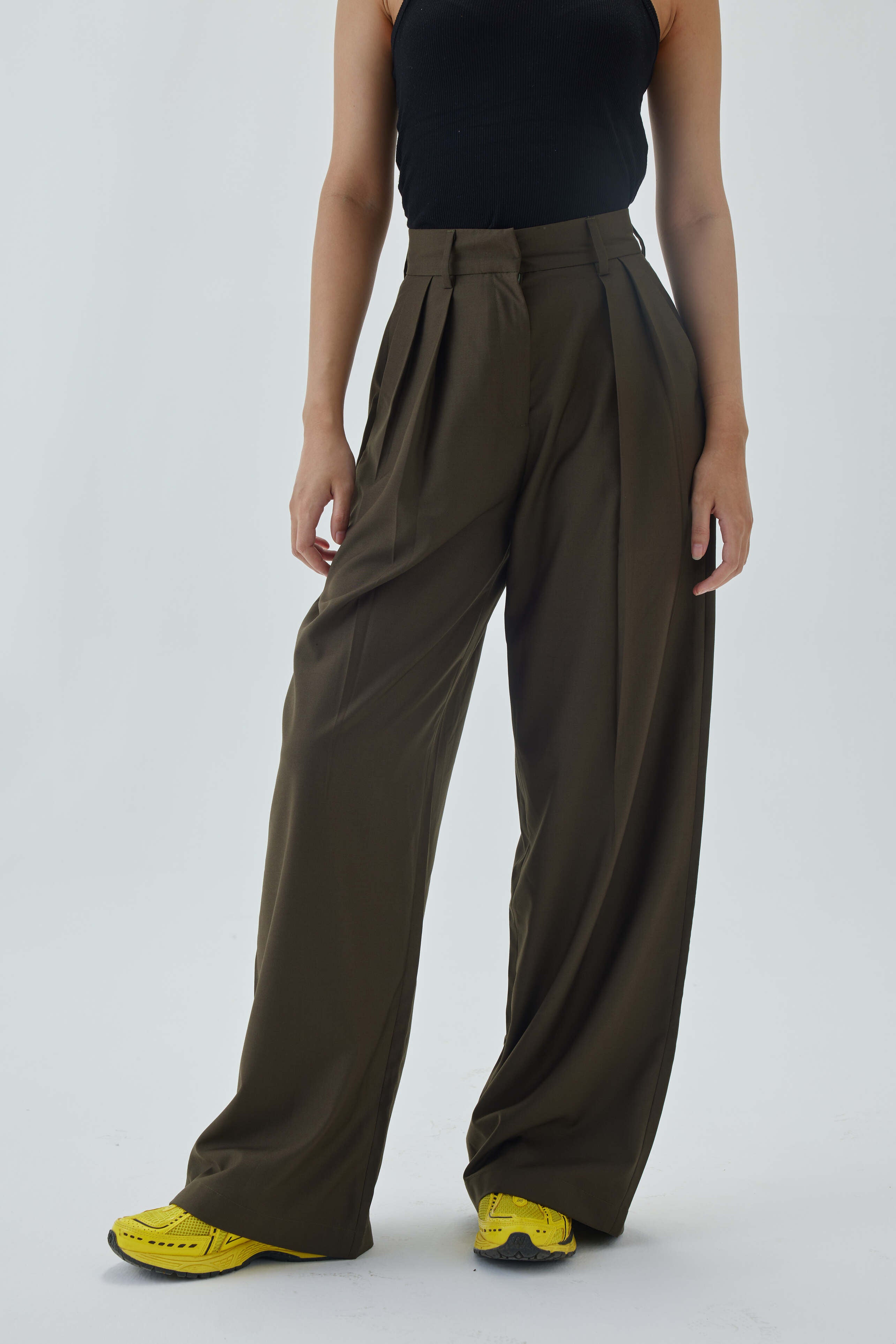 High Waist Pleated Wide Leg Pant | Olive Green