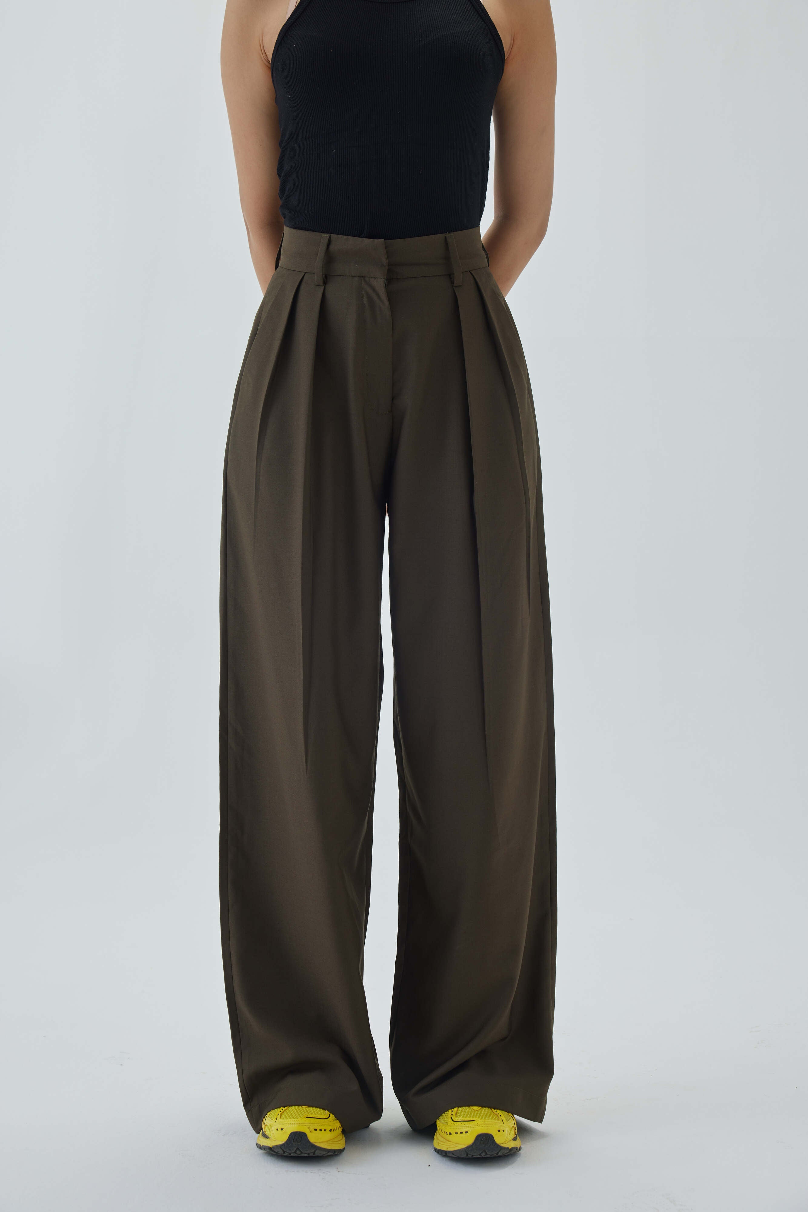 High Waist Pleated Wide Leg Pant | Olive Green