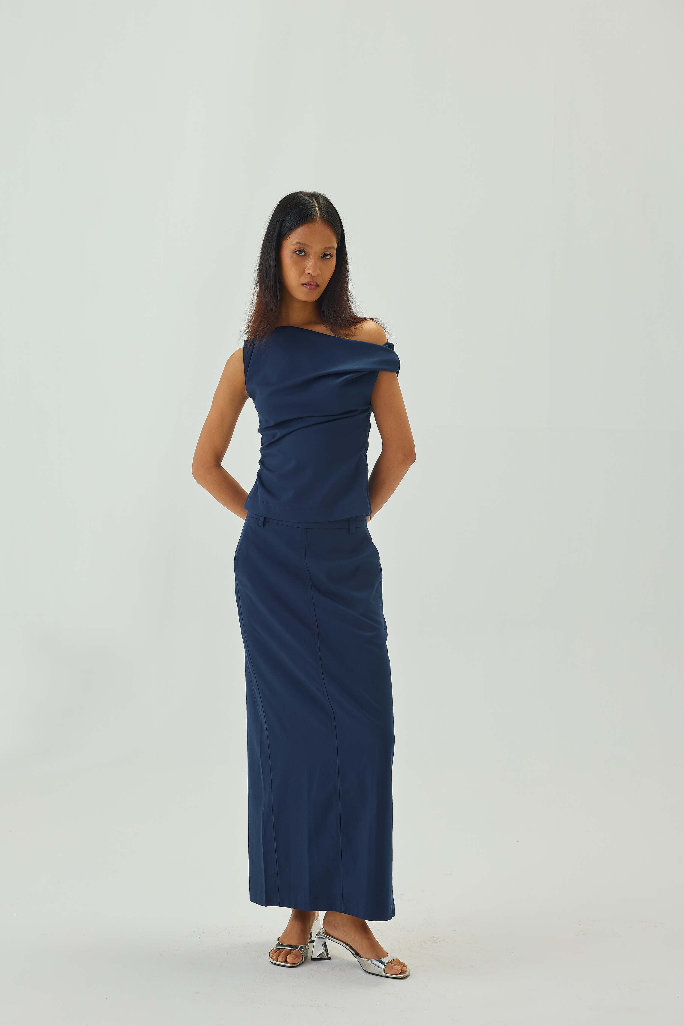 Tailored Straight Fit Midi Skirt | Blue