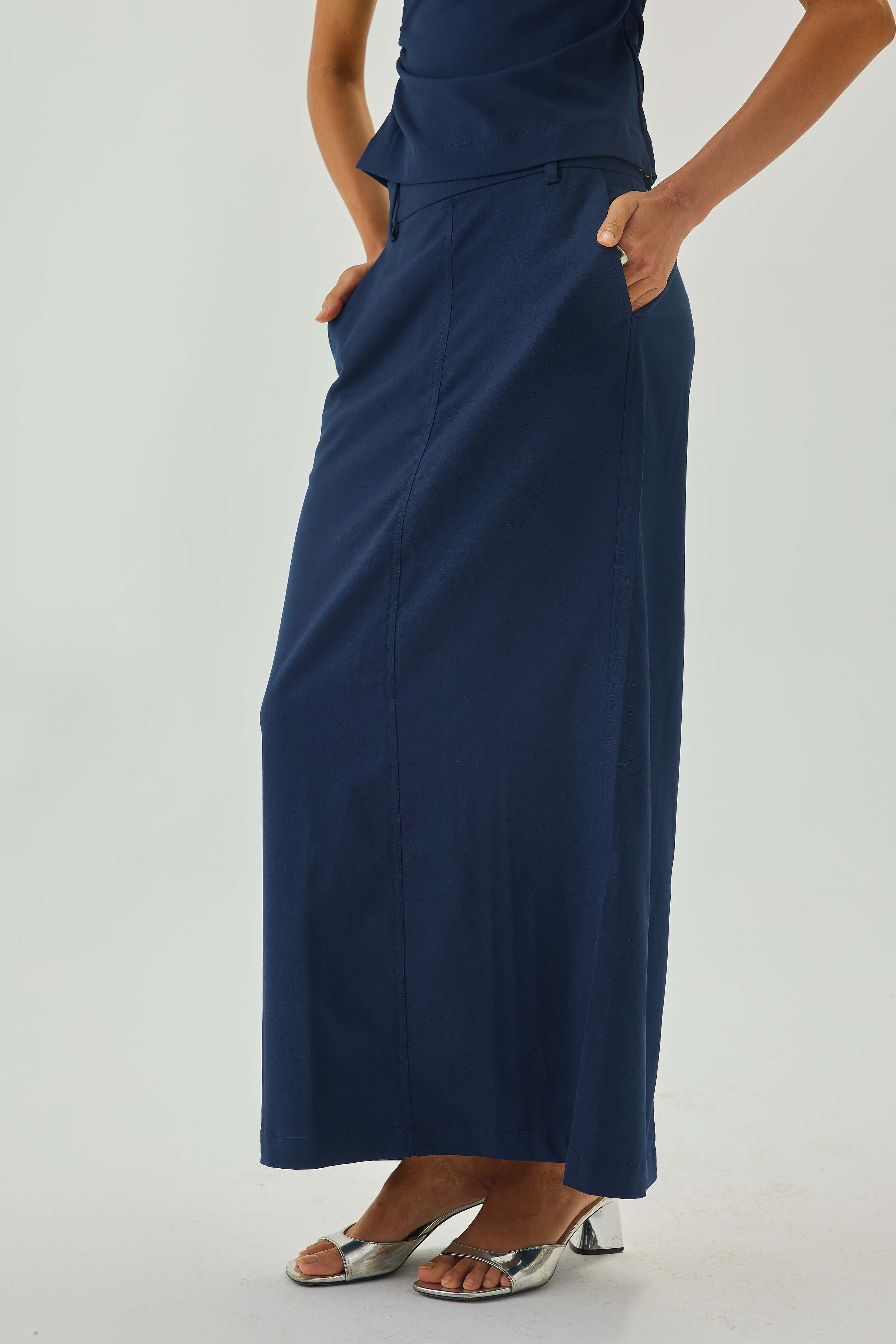 Tailored Straight Fit Midi Skirt | Blue