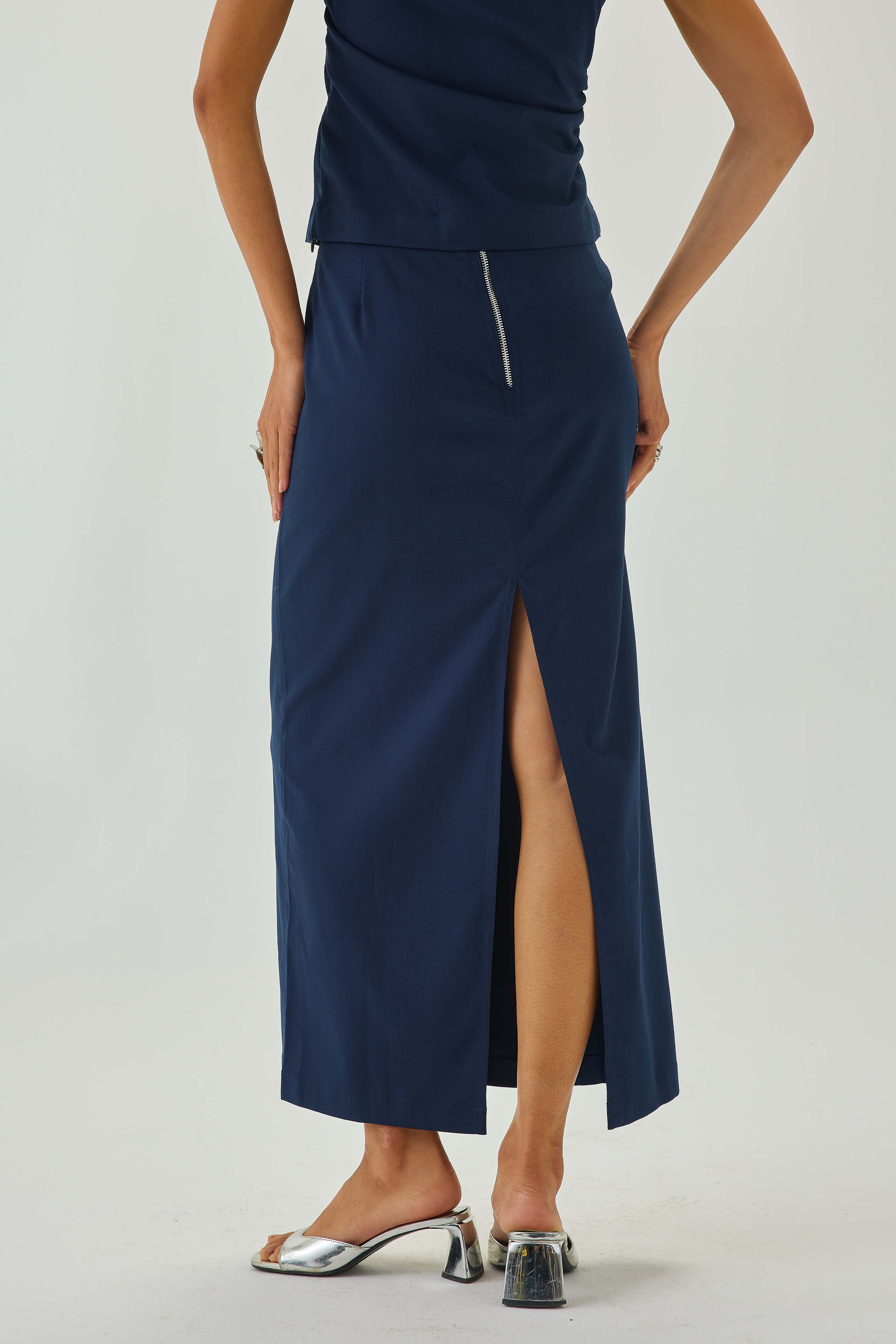 Tailored Straight Fit Midi Skirt | Blue