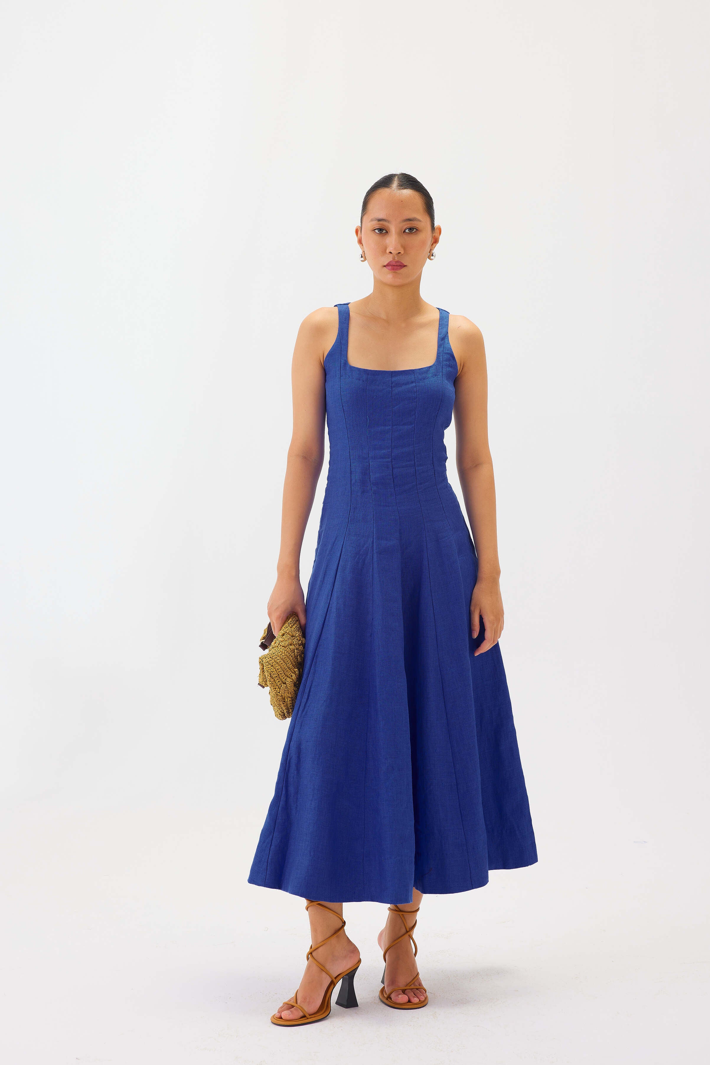 Linen Square-Neck Flare Midi Dress | Blue
