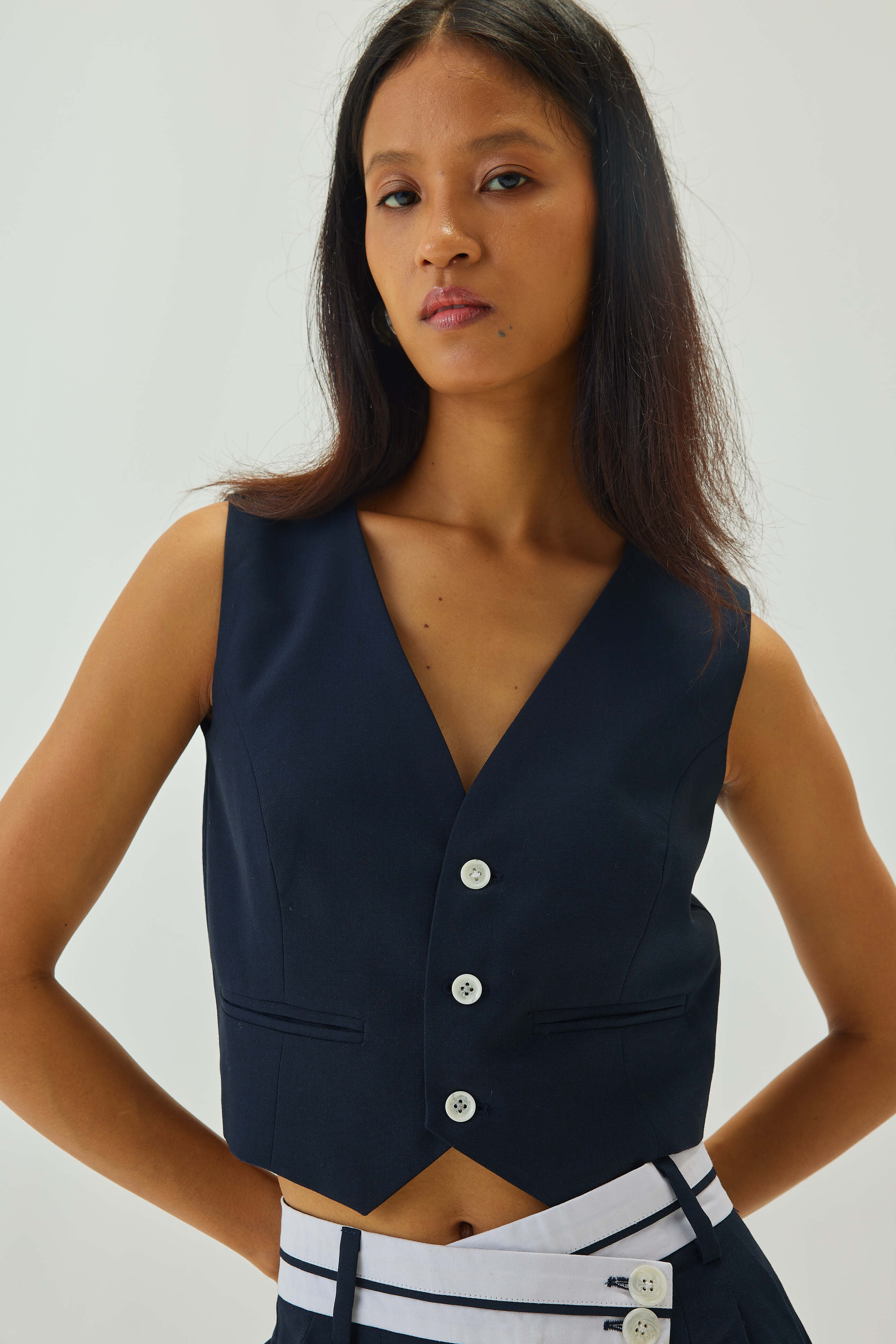 V-Neck Cropped Waistcoat | Navy Blue