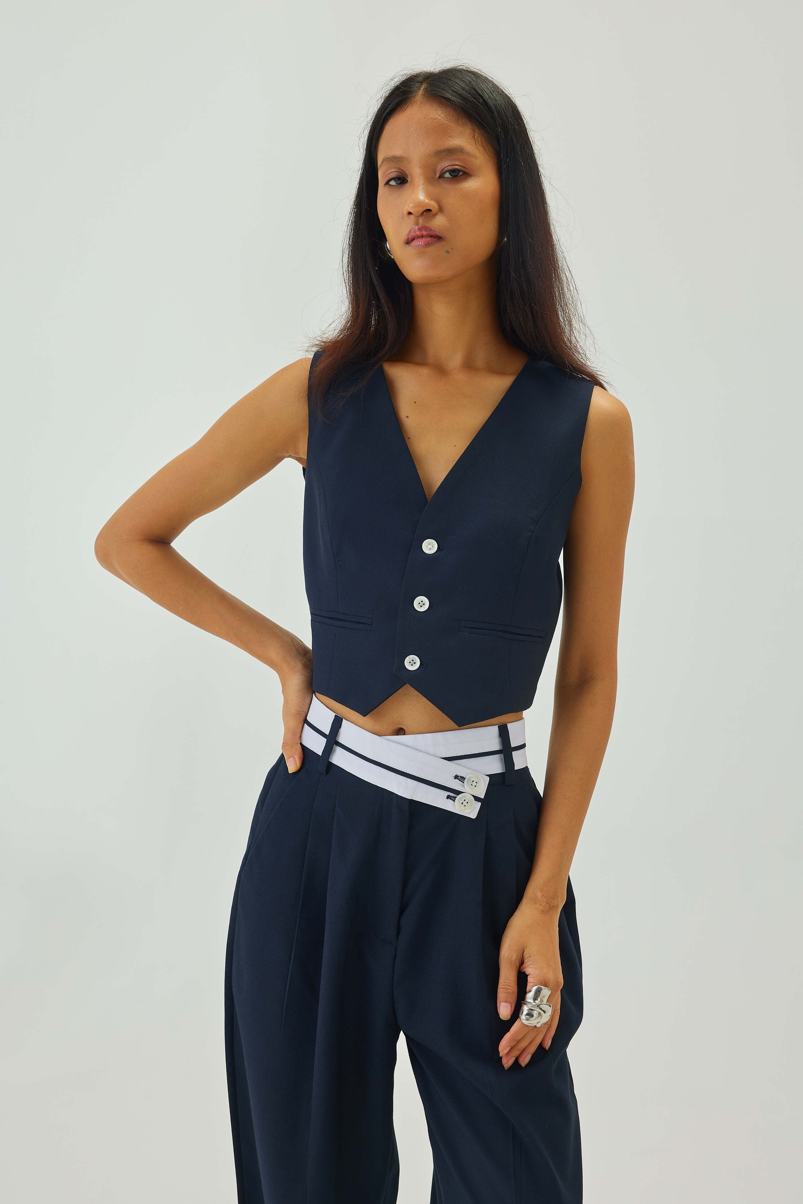 V-Neck Cropped Waistcoat | Navy Blue