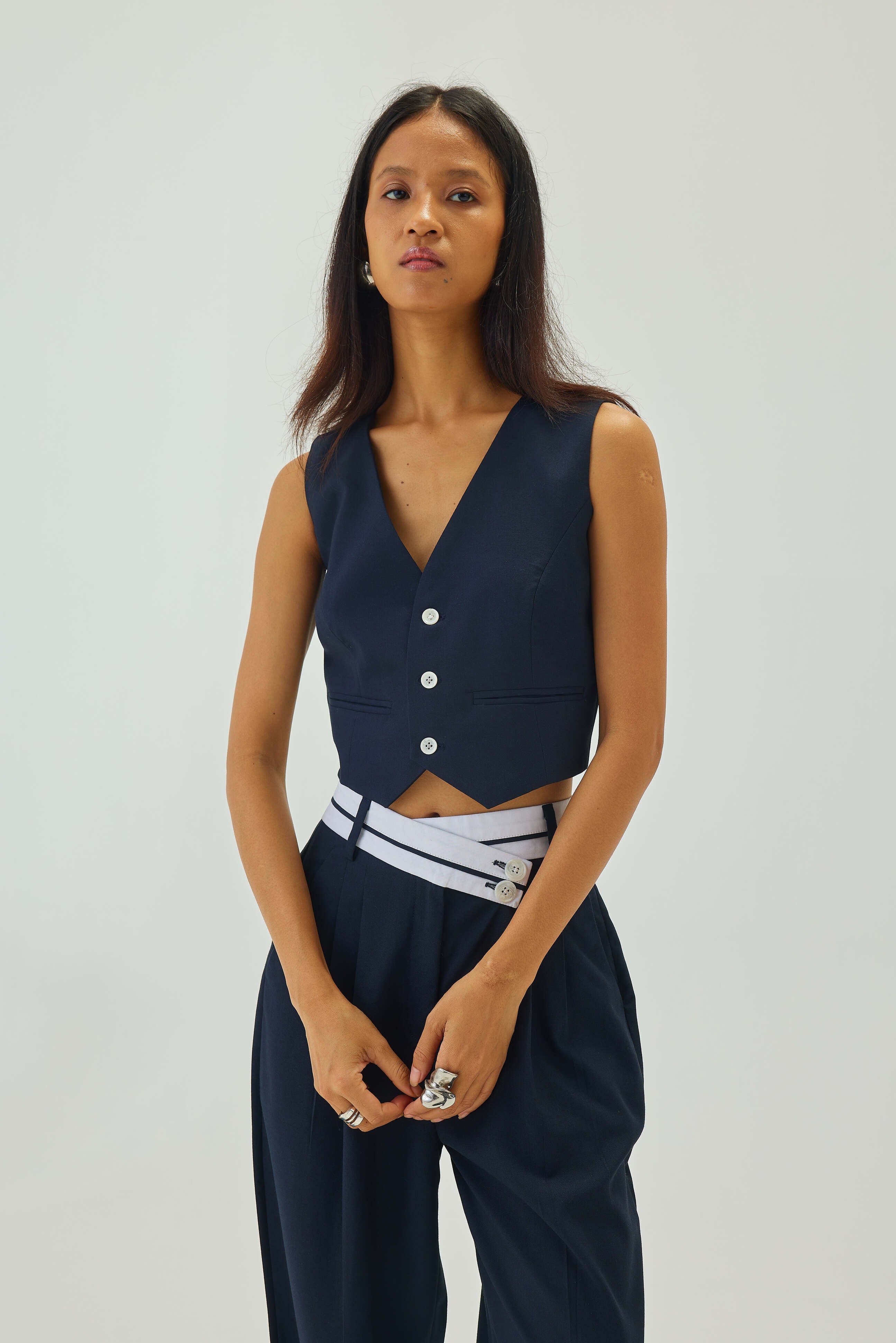 V-Neck Cropped Waistcoat | Navy Blue