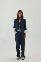 Double Lapelled Single Breasted Oversized Blazer | Navy Blue