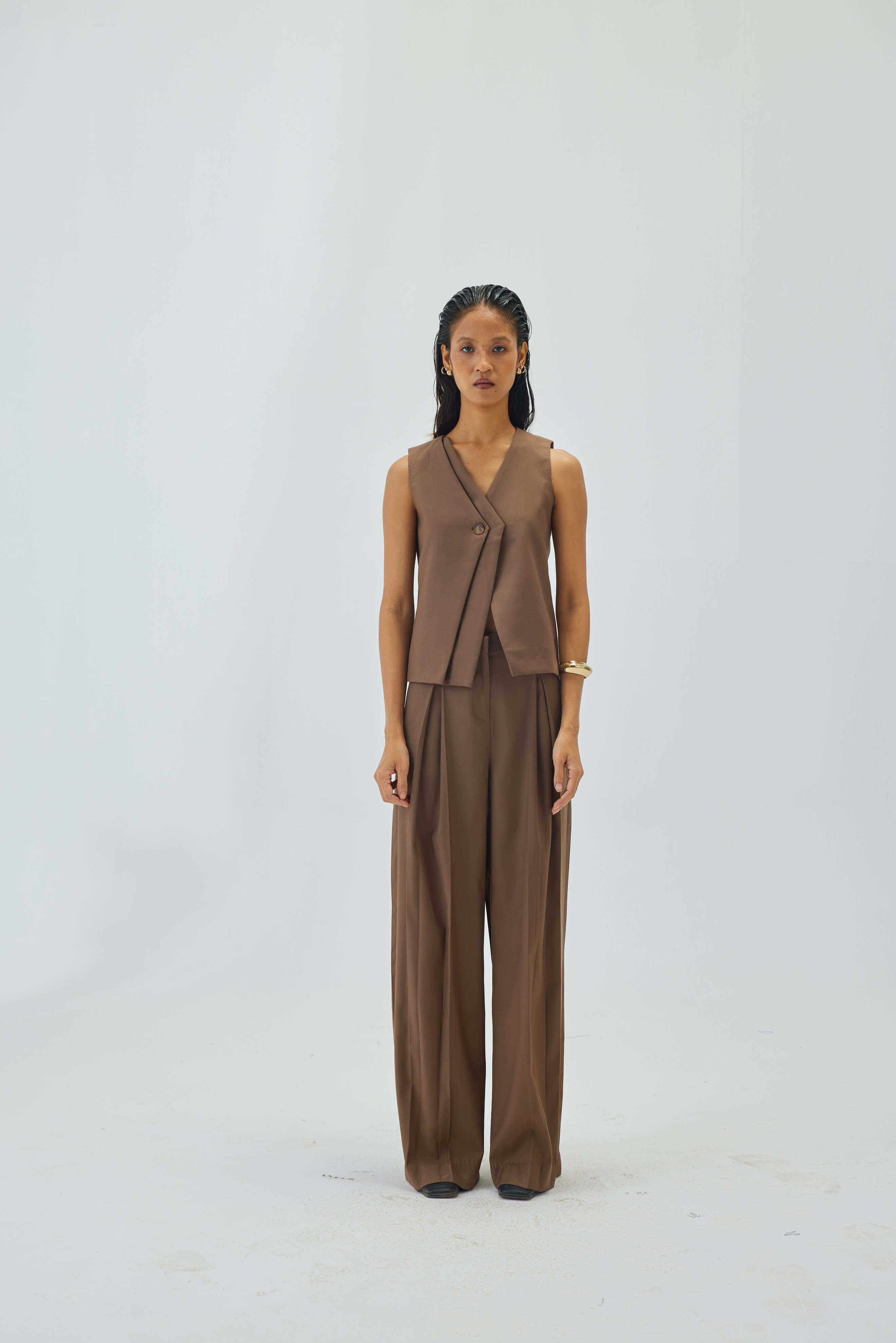 Wide Leg High Waist Box Pleated Pants | Brown