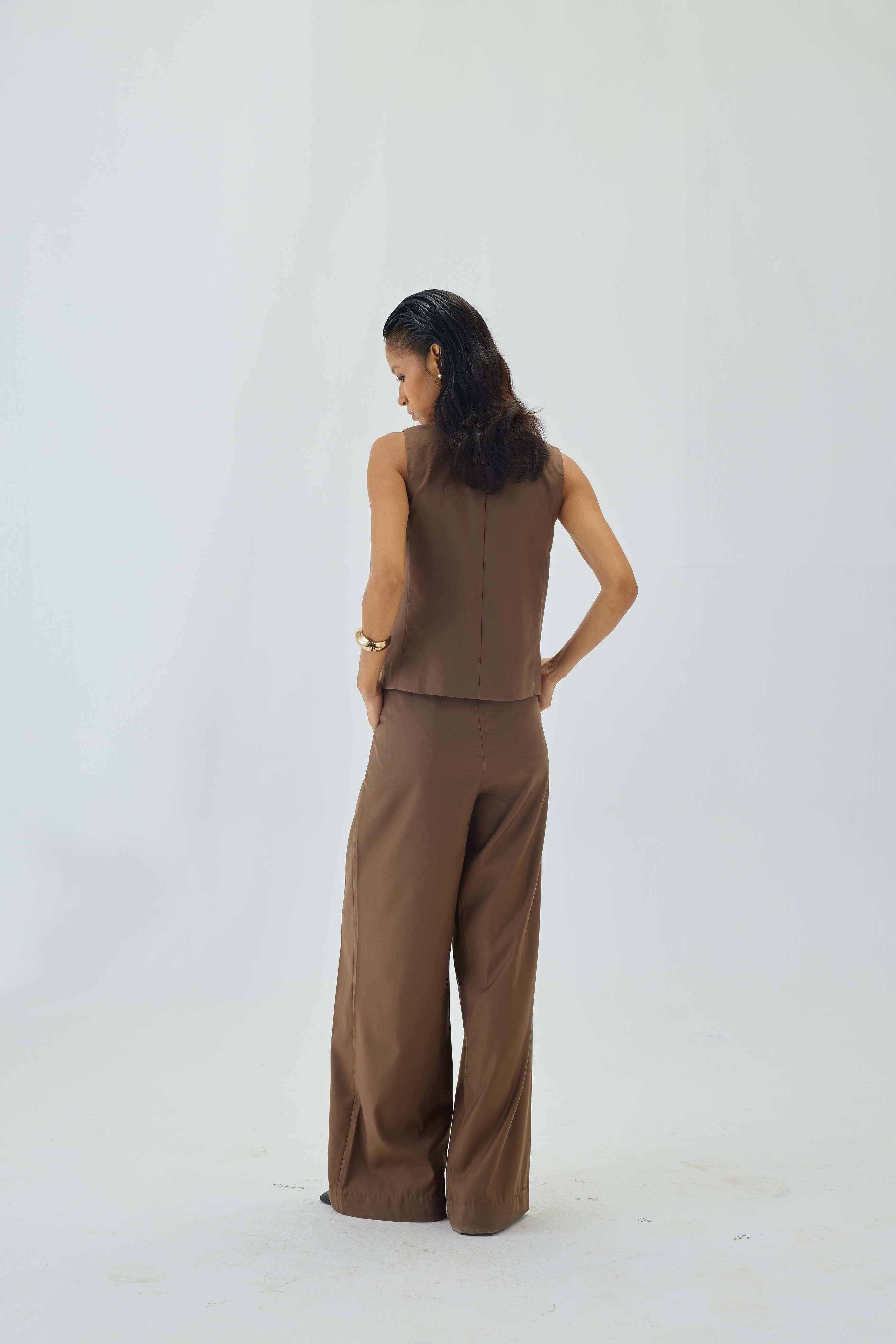 Wide Leg High Waist Box Pleated Pants | Brown