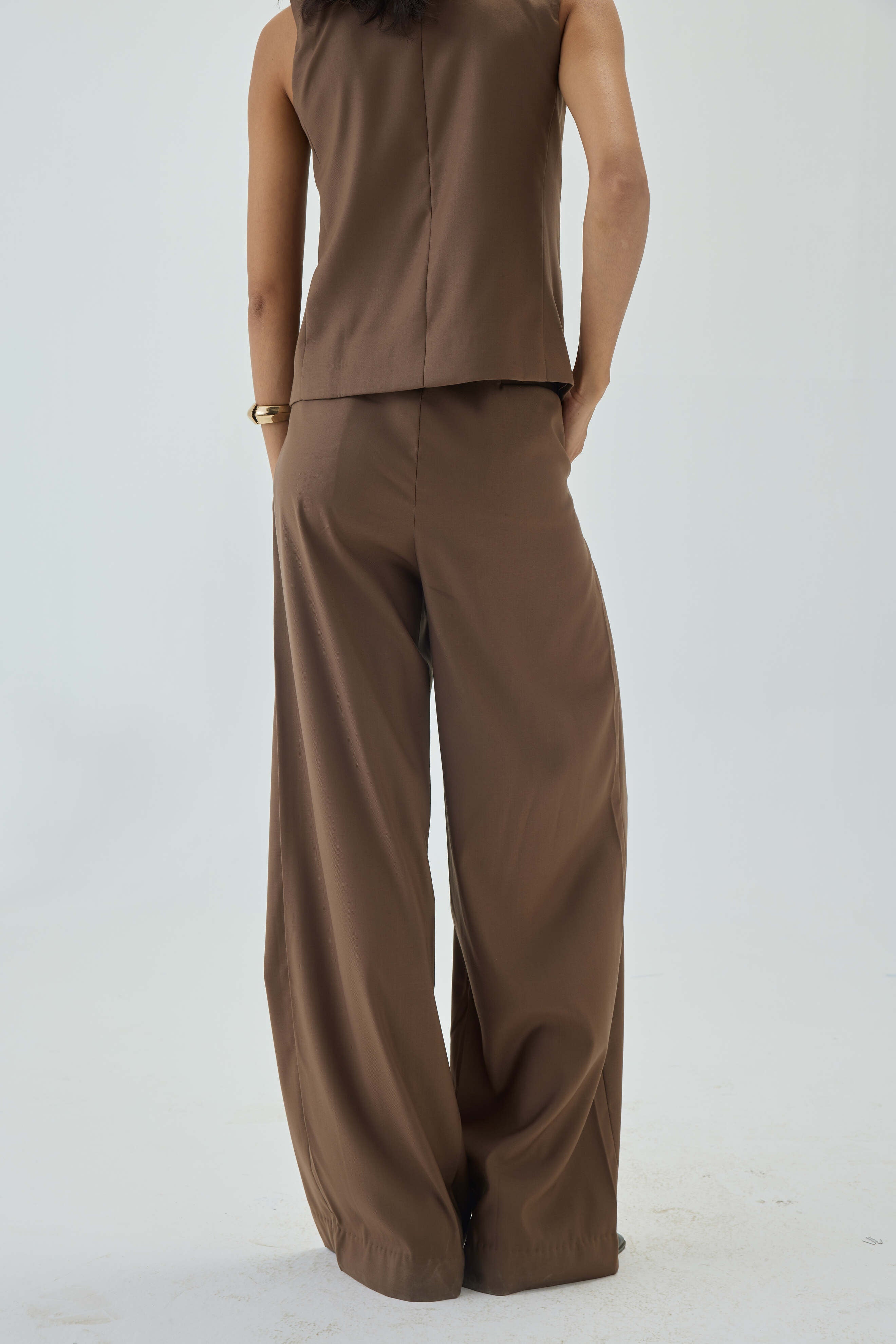 Wide Leg High Waist Box Pleated Pants | Brown