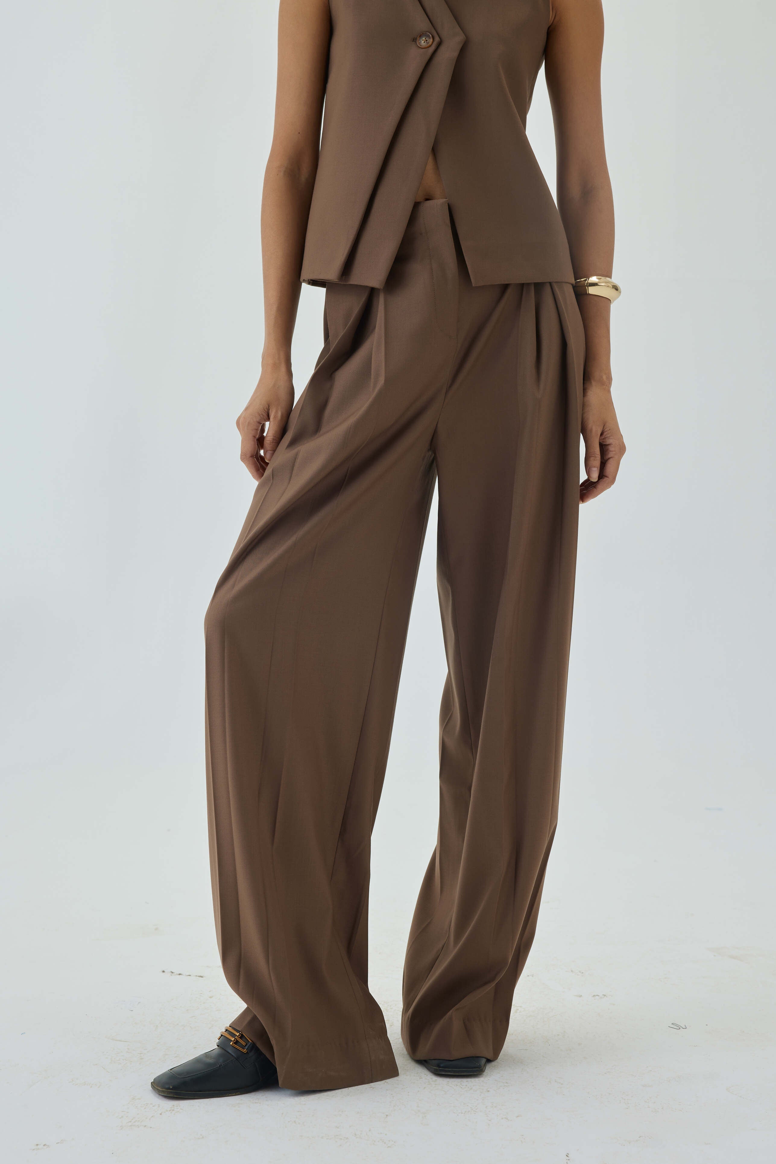 Wide Leg High Waist Box Pleated Pants | Brown