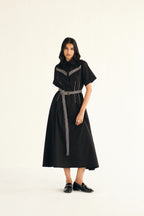 Poplin Midi Length Shirt Dress with Top Stitch Detail | Black