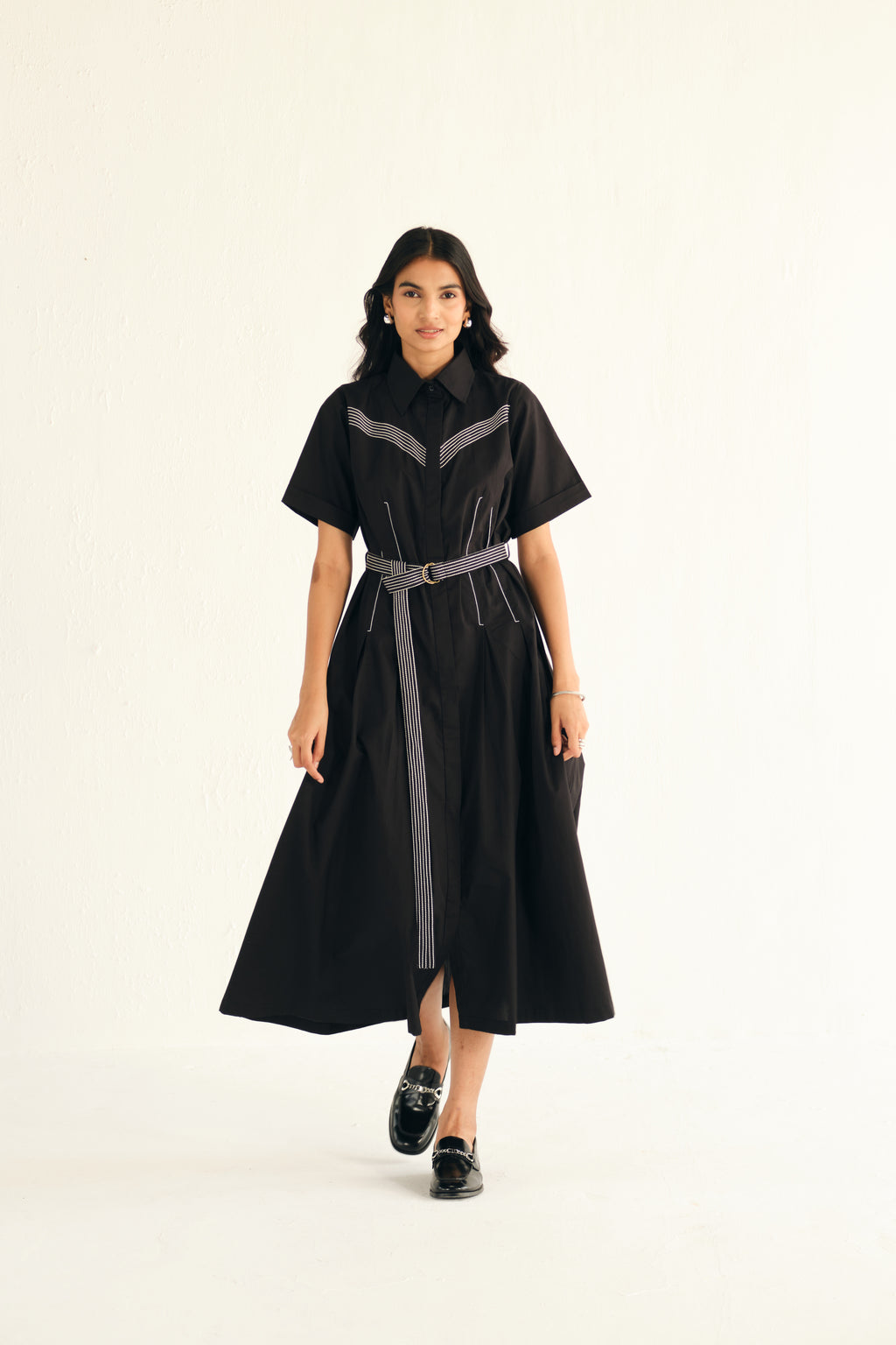 Poplin Midi Length Shirt Dress with Top Stitch Detail as seen on Anupama Chopra