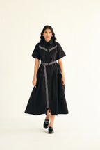 Poplin Midi Length Shirt Dress with Top Stitch Detail | Black