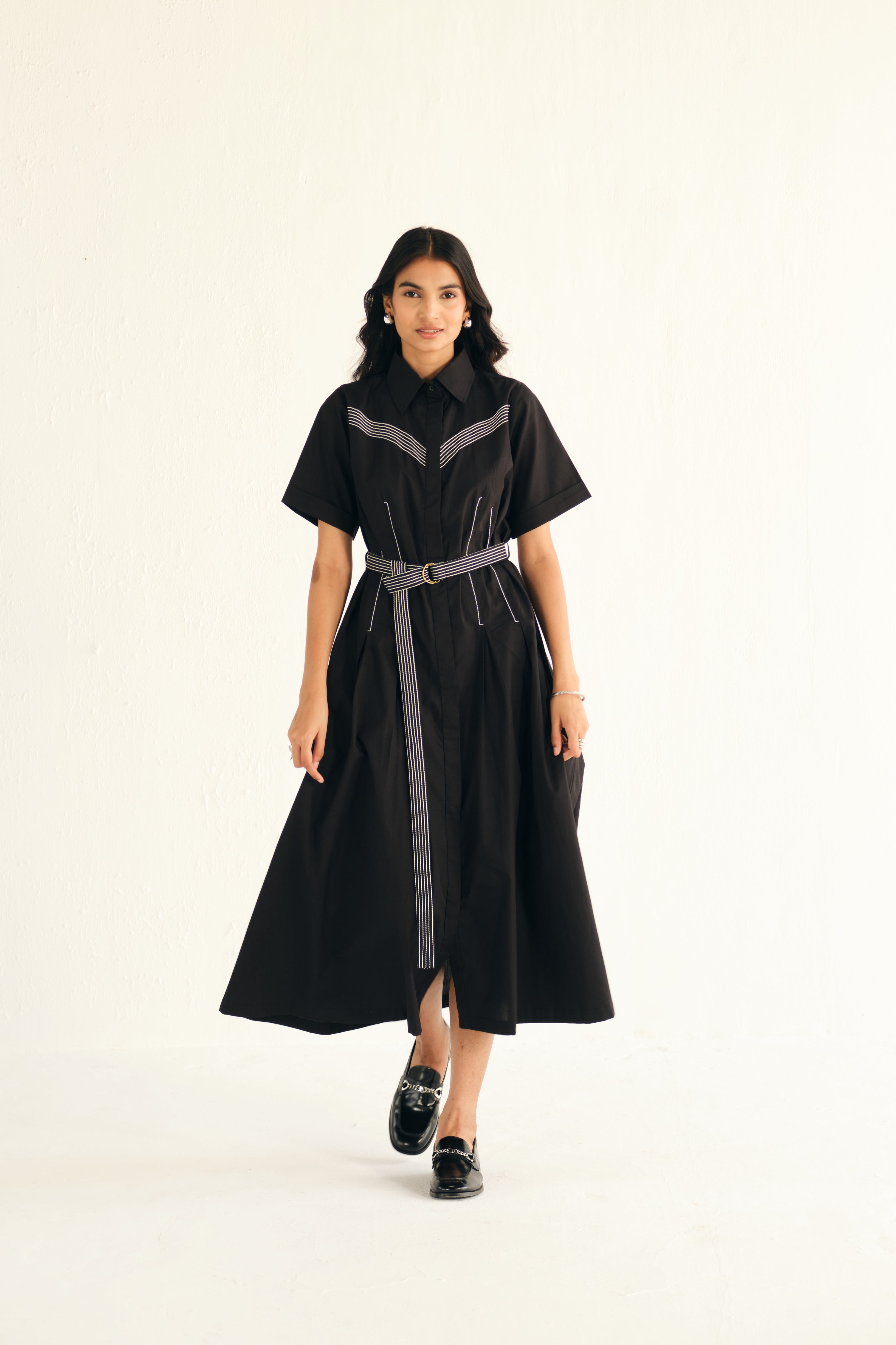 Poplin Midi Length Shirt Dress with Top Stitch Detail as seen on Anupama Chopra
