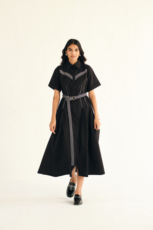 Poplin Midi Length Shirt Dress with Top Stitch Detail | Black