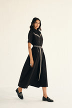 Poplin Midi Length Shirt Dress with Top Stitch Detail | Black