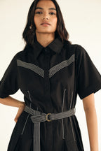 Poplin Midi Length Shirt Dress with Top Stitch Detail | Black