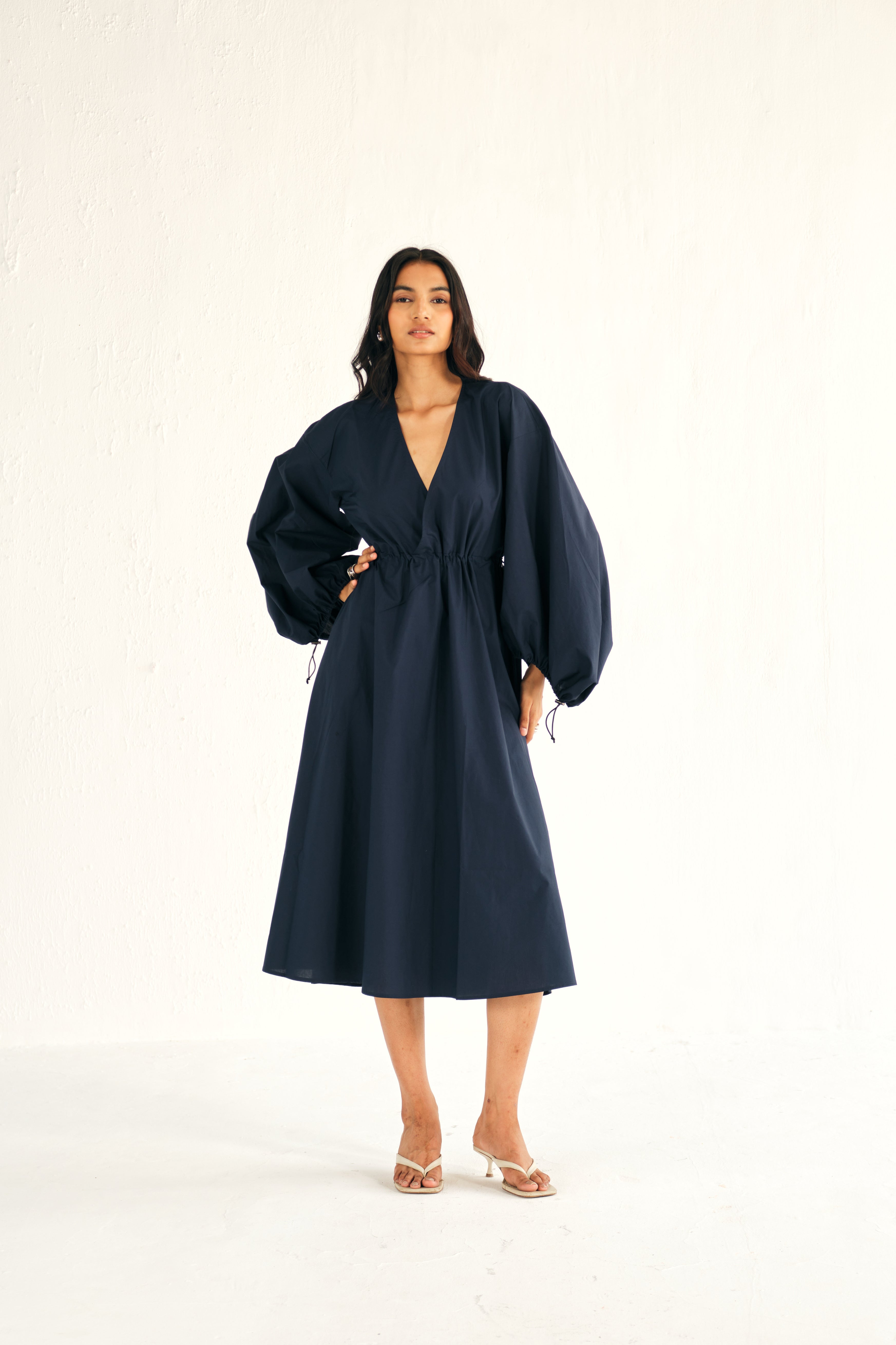 Poplin Midi Dress in Blue with Cinching Detail