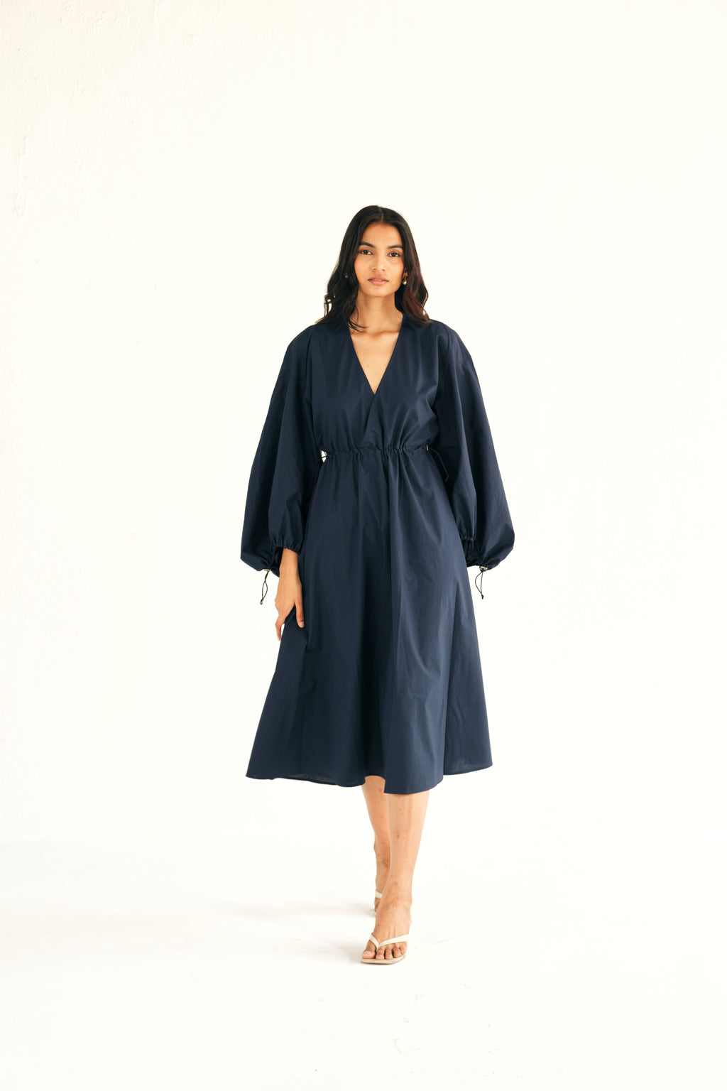 Poplin Midi Dress in Blue with Cinching Detail