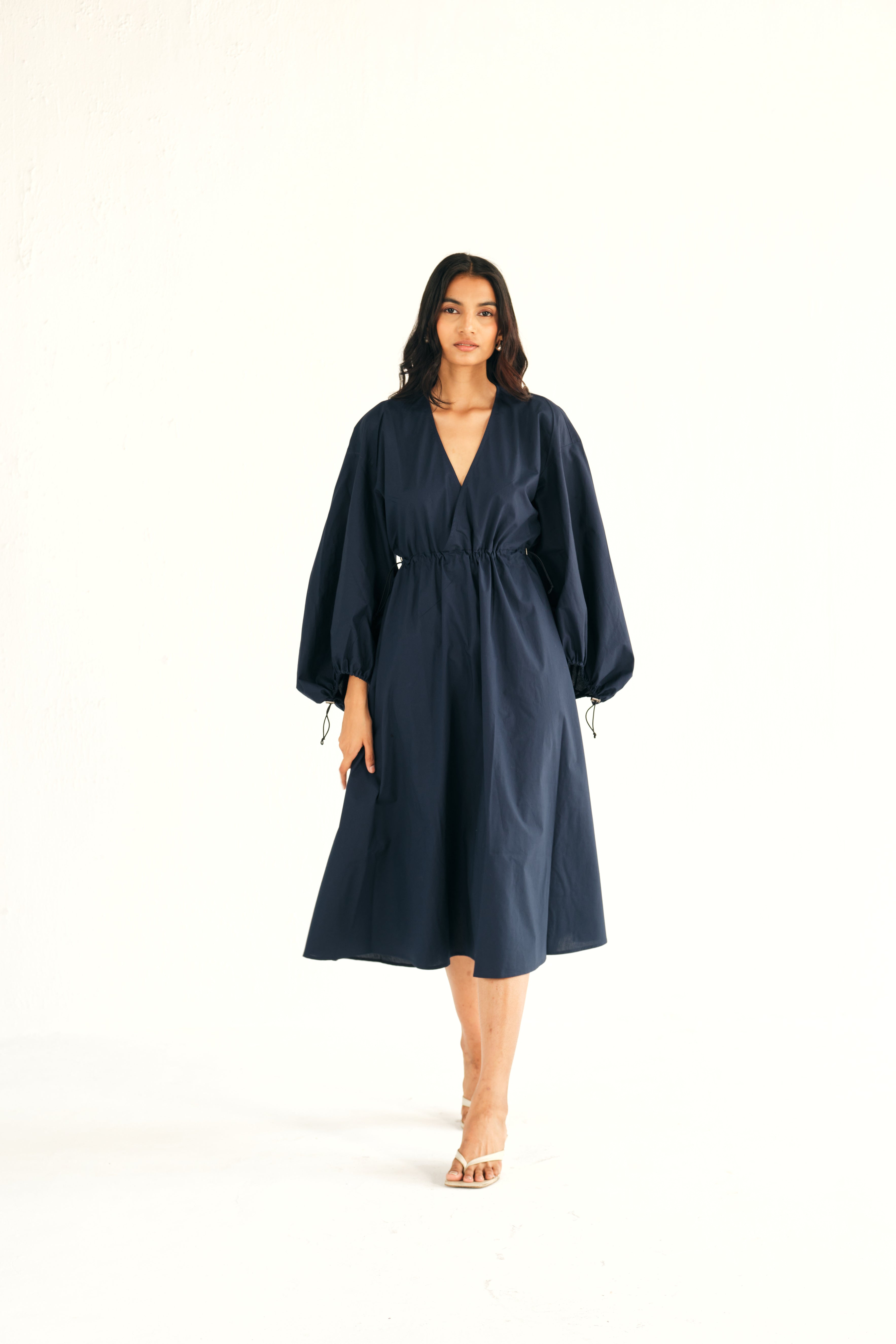 Poplin Midi Dress in Blue with Cinching Detail