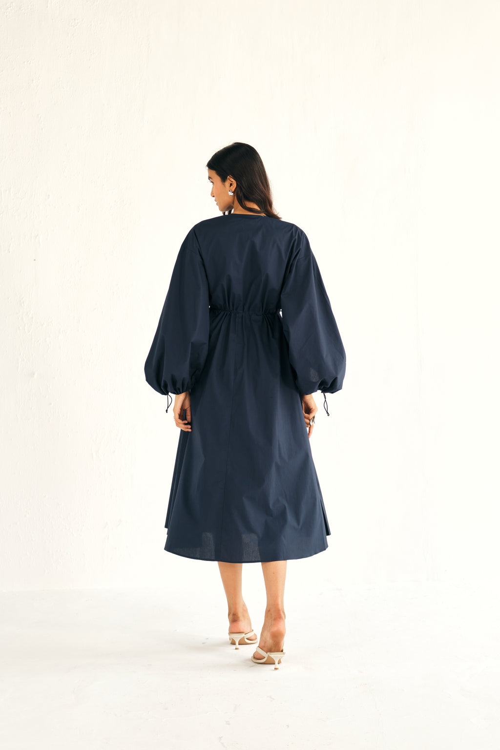 Poplin Midi Dress in Blue with Cinching Detail