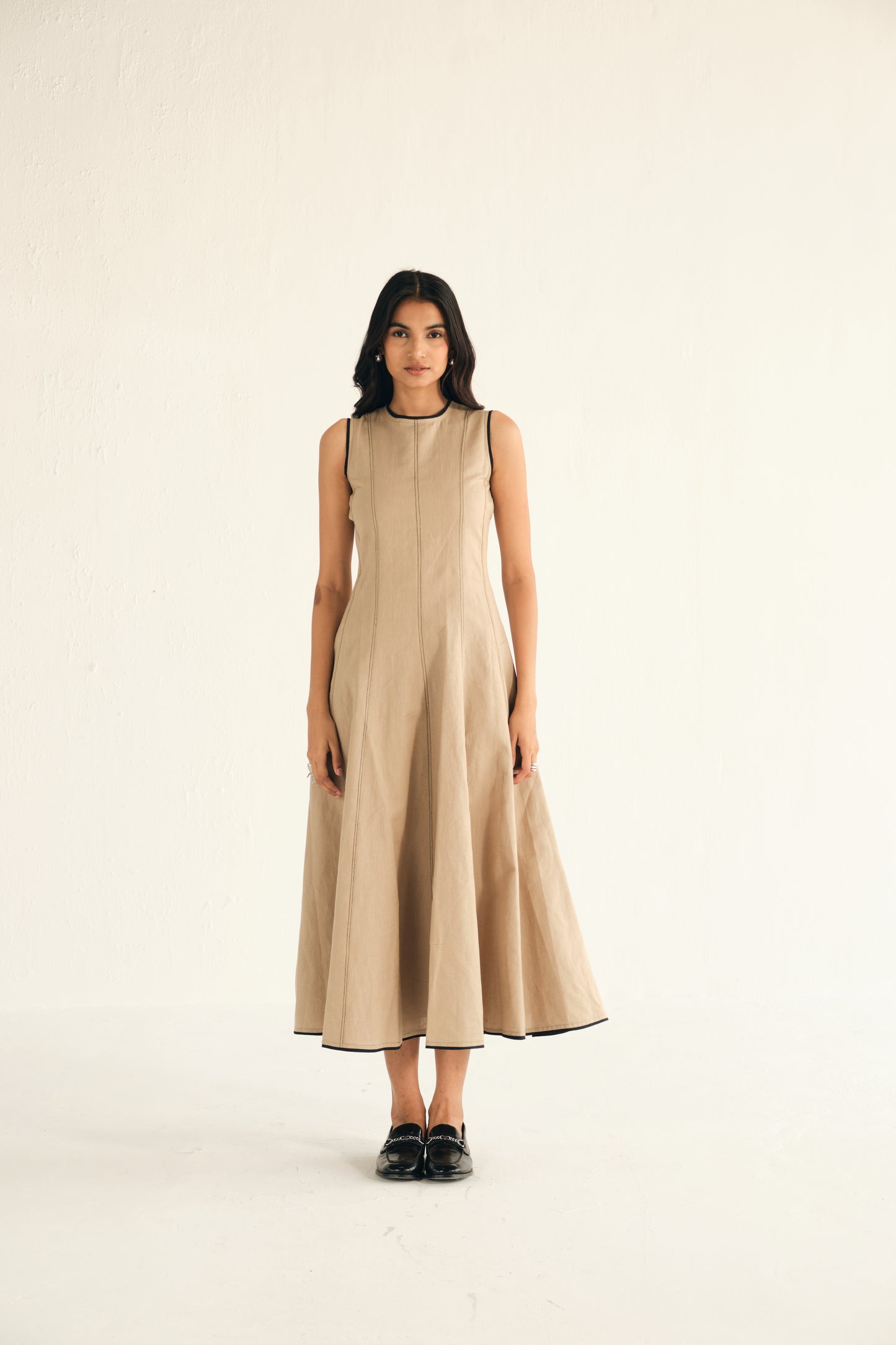 100% Linen Midi Dress in Beige