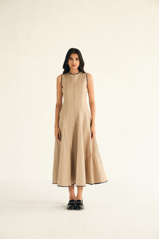 100% Linen Midi Dress in Beige