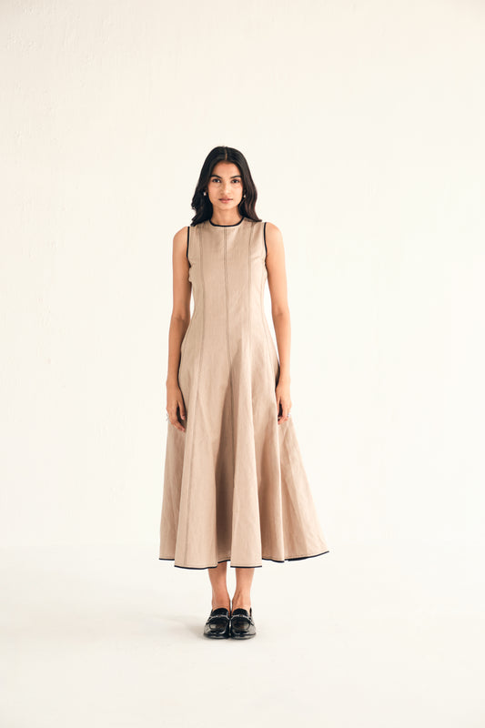 100% Linen Midi Dress in Beige