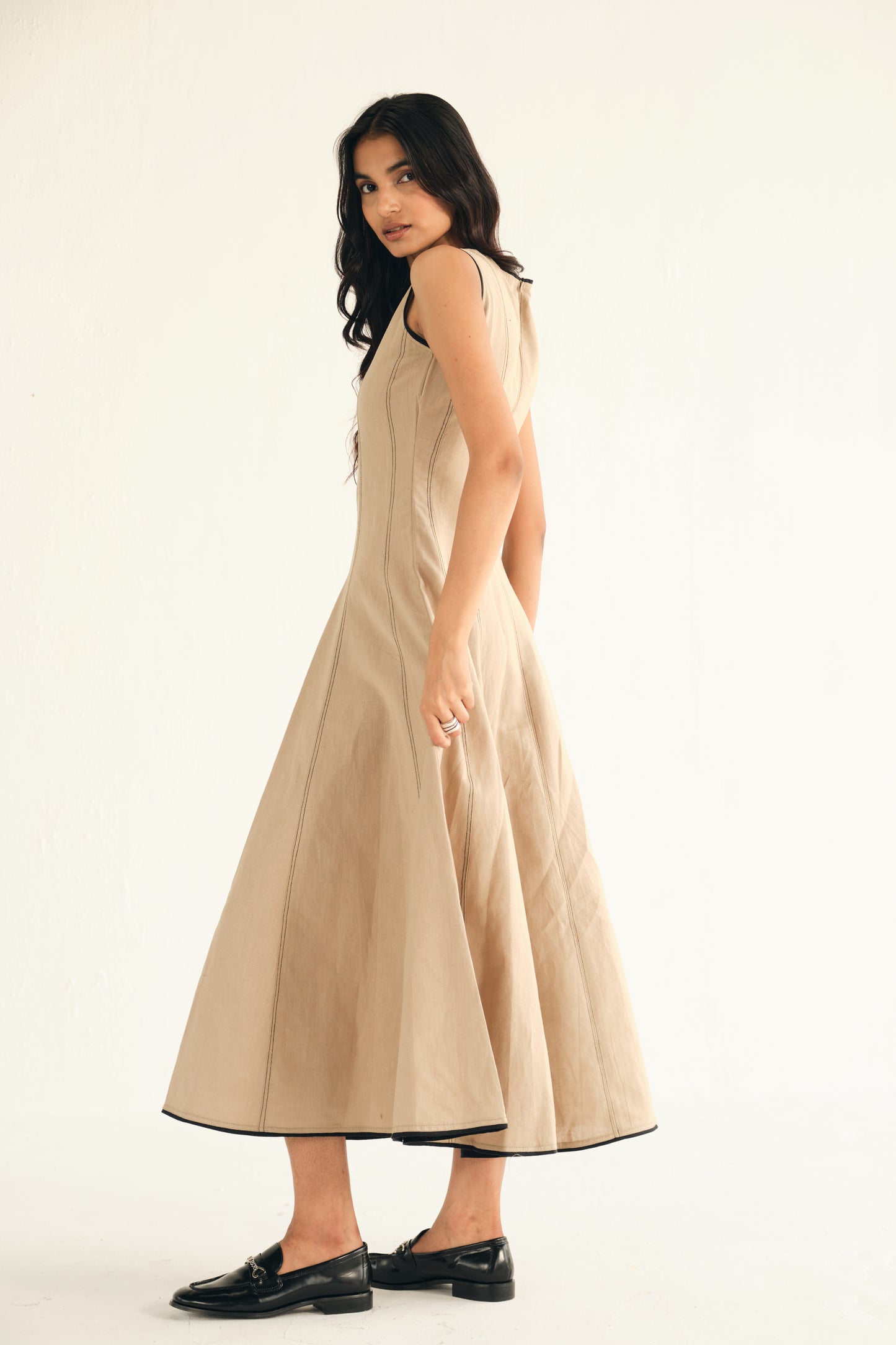 100% Linen Midi Dress in Beige