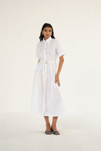 Poplin Midi Length Shirt Dress with Top Stitch Detail | White