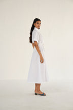 Poplin Midi Length Shirt Dress with Top Stitch Detail | White