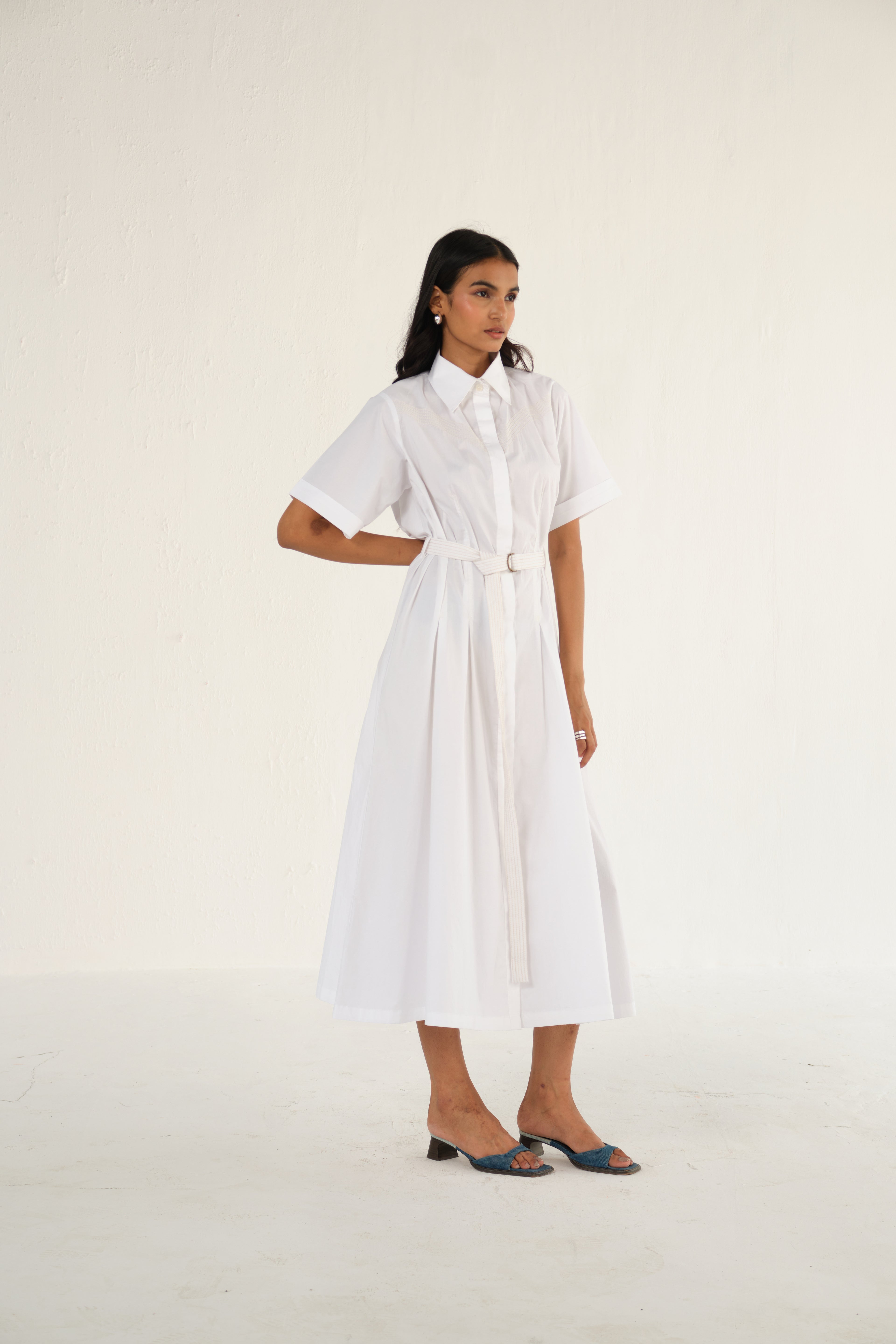 Poplin Midi Length Shirt Dress with Top Stitch Detail | White