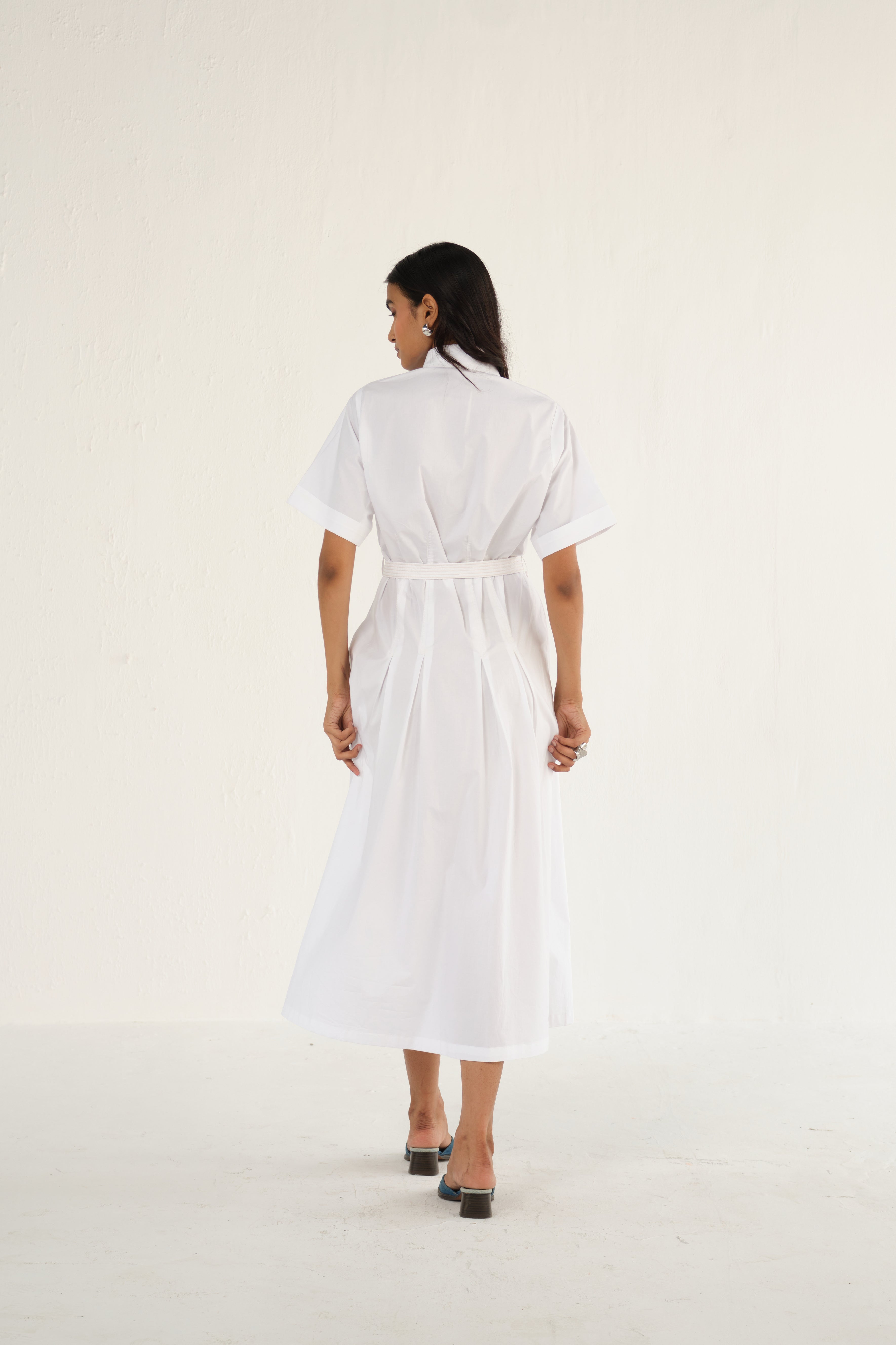 Poplin Midi Length Shirt Dress with Top Stitch Detail | White