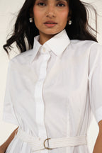 Poplin Midi Length Shirt Dress with Top Stitch Detail | White