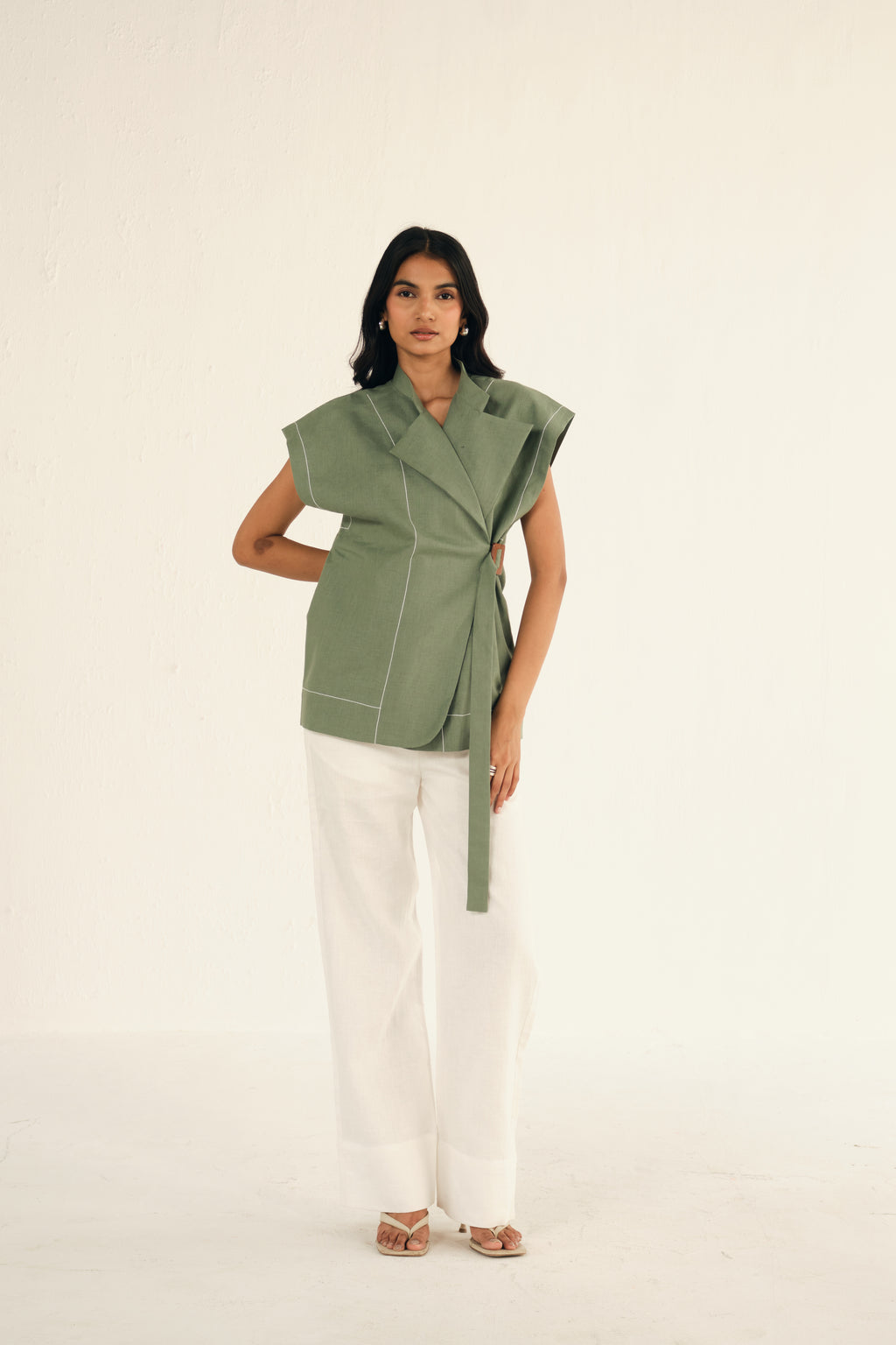 100% Linen Cap Sleeves Jacket | Green