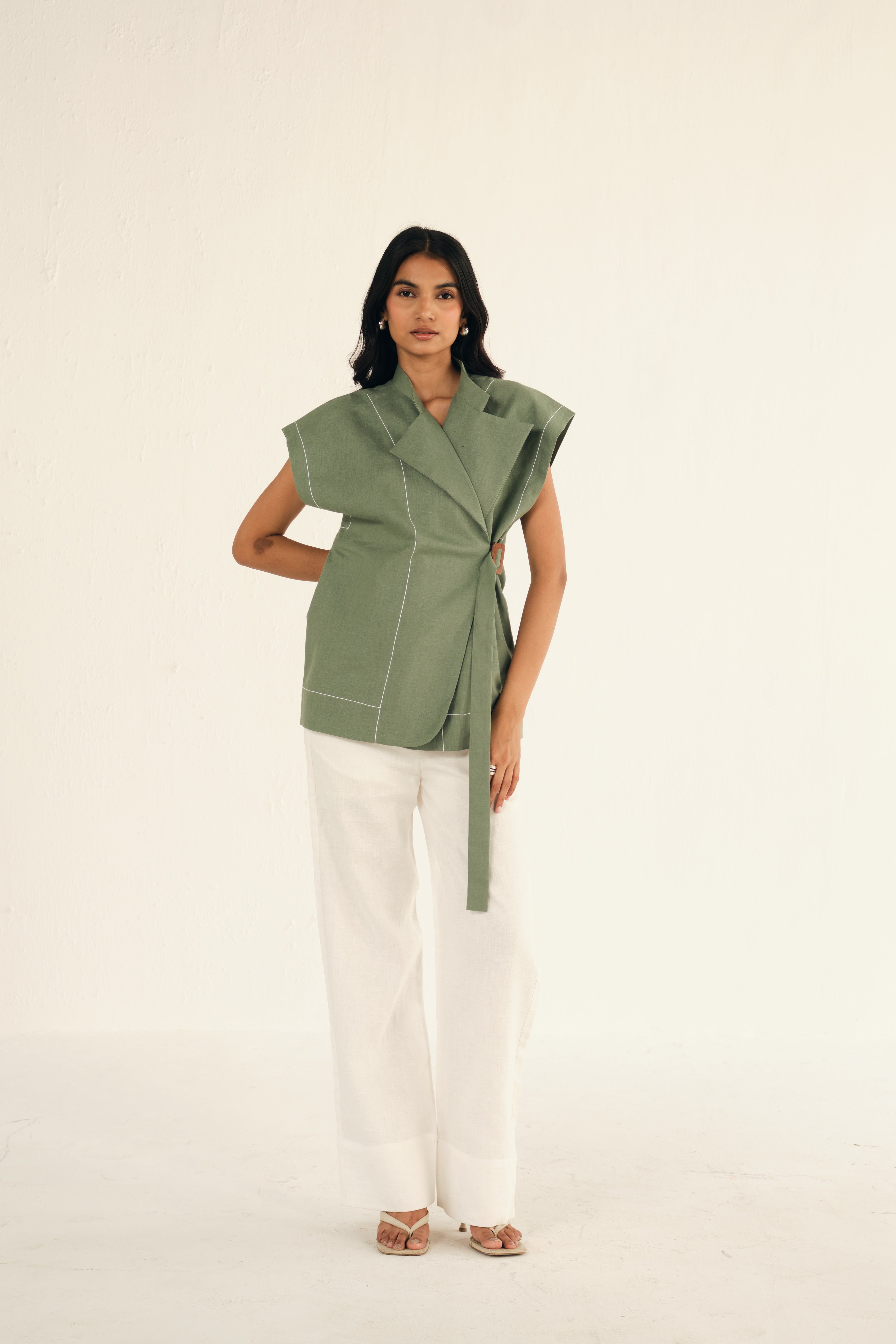 100% Linen Cap Sleeves Jacket | Green