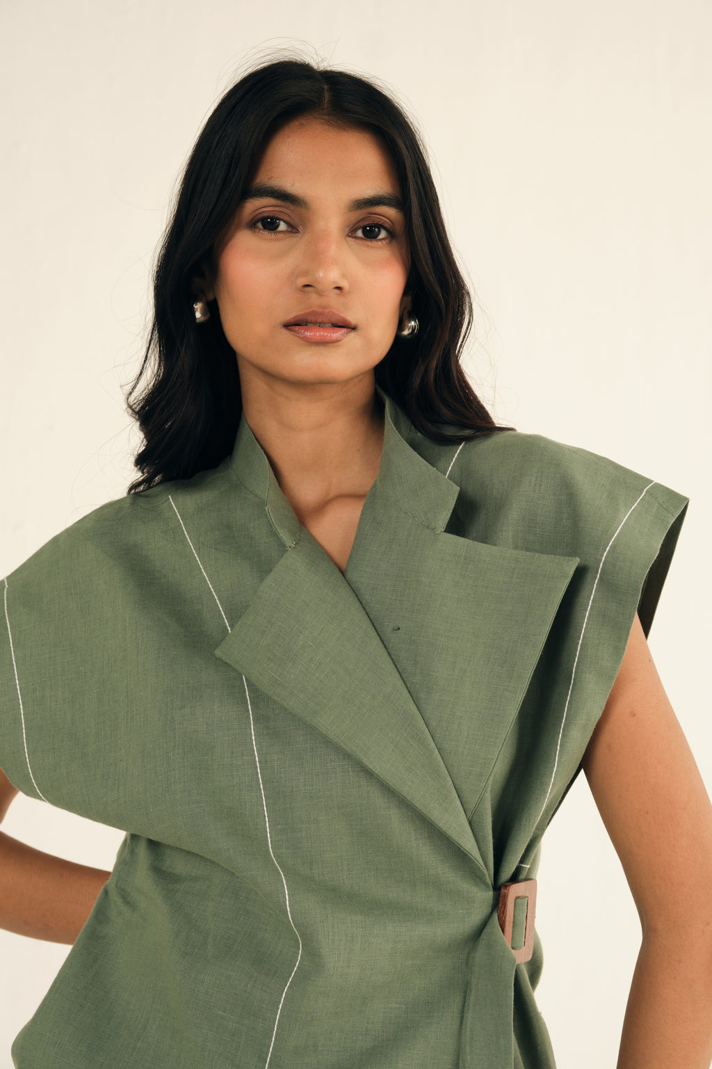 100% Linen Cap Sleeves Jacket | Green