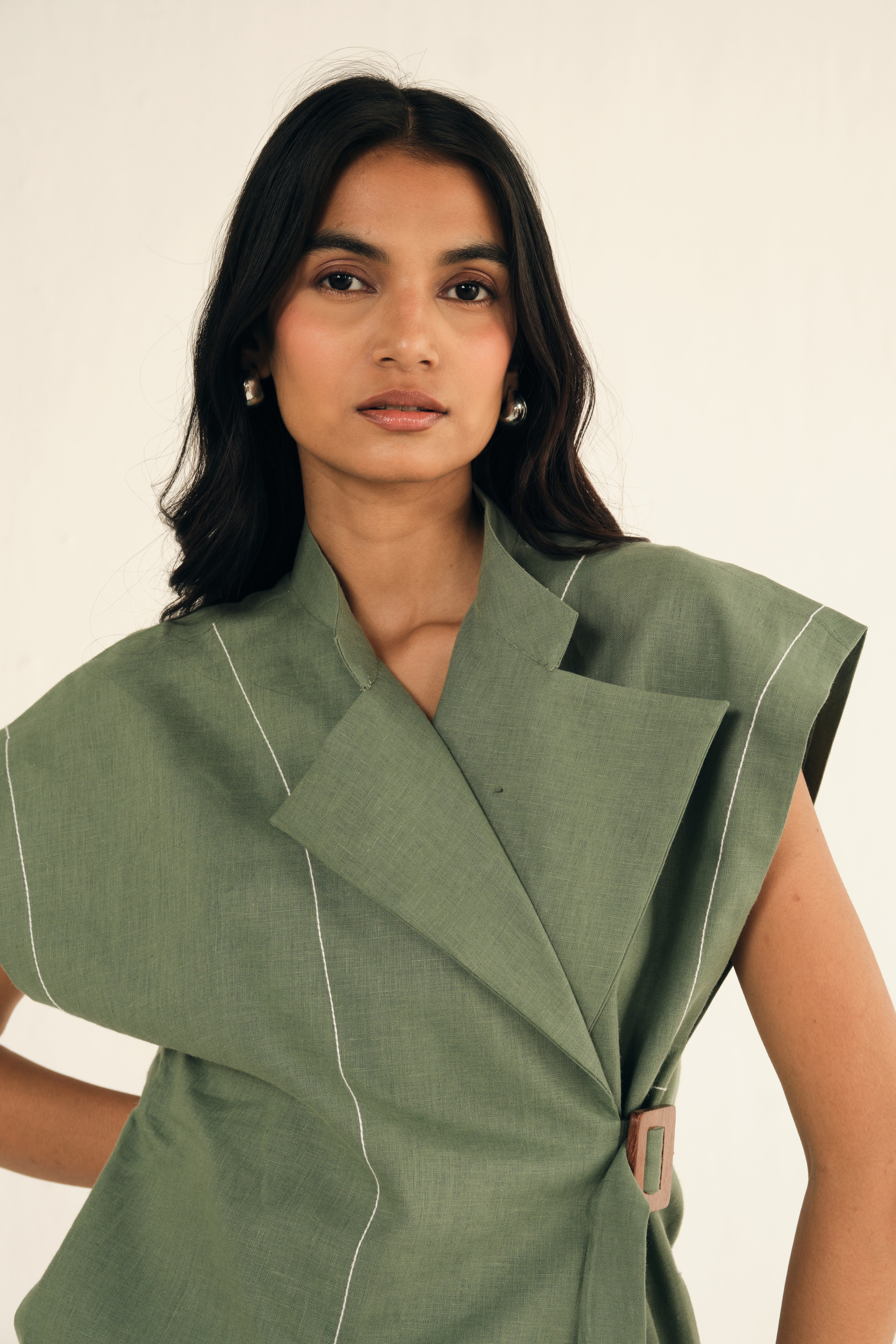 100% Linen Cap Sleeves Jacket | Green