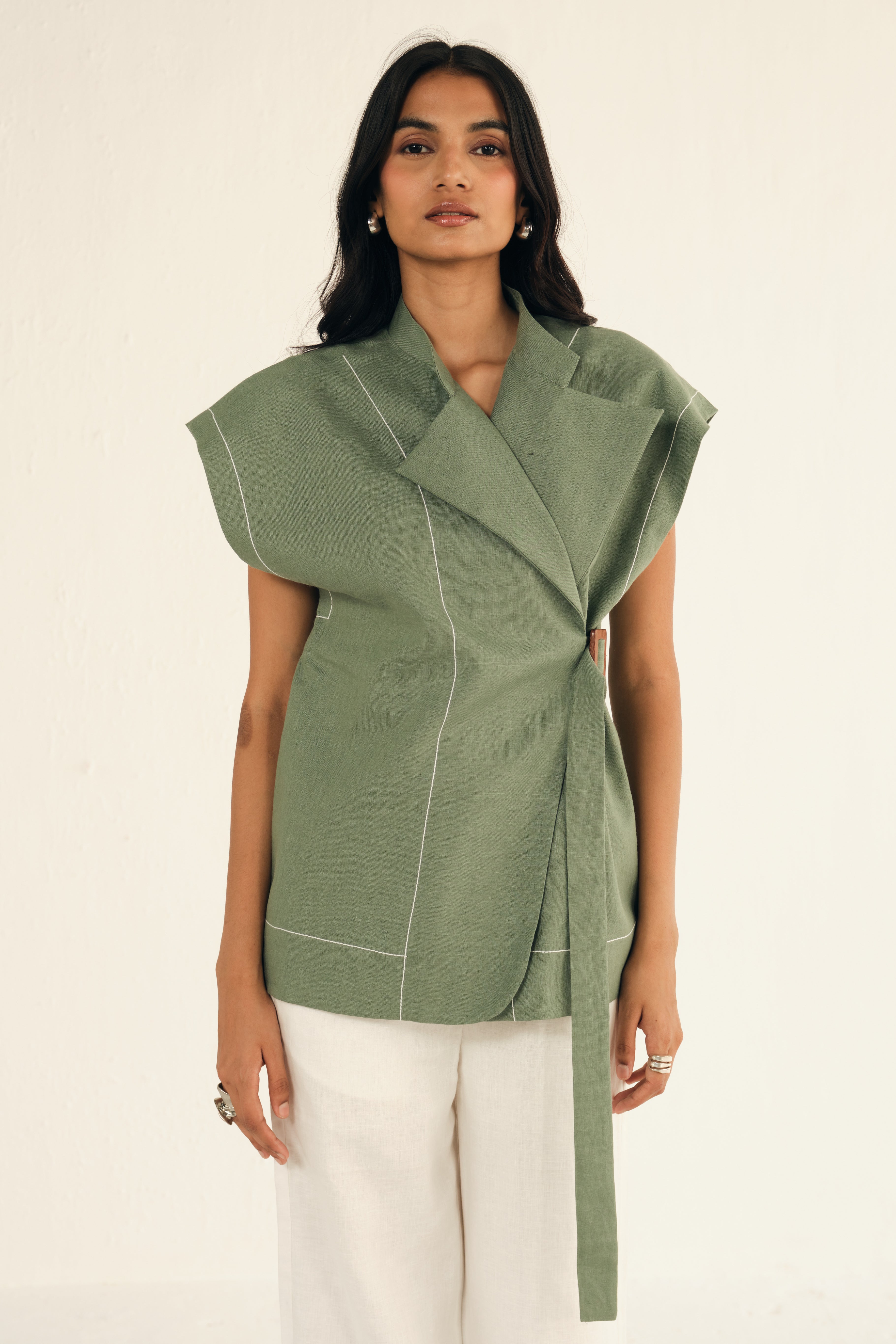 100% Linen Cap Sleeves Jacket | Green