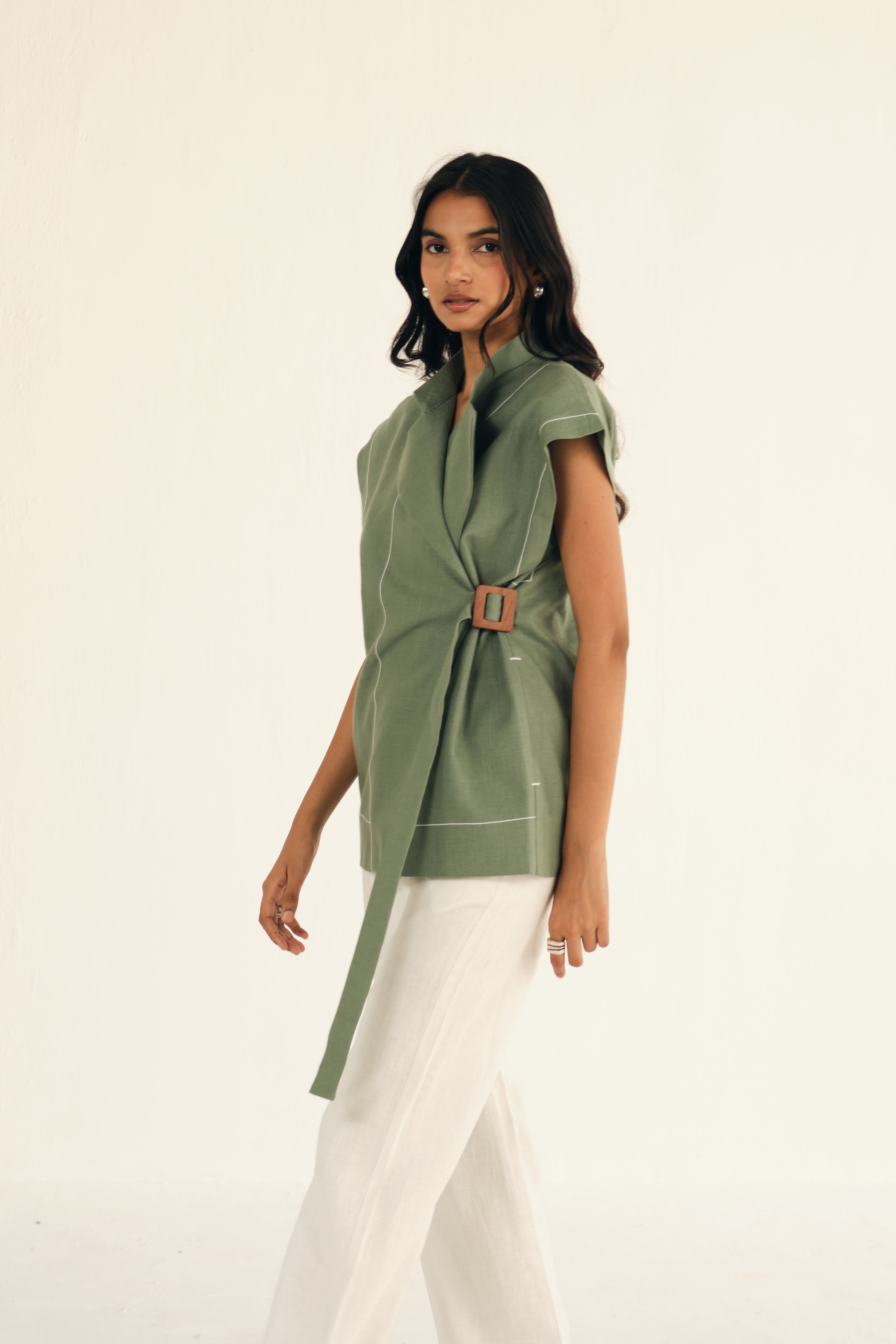 100% Linen Cap Sleeves Jacket | Green