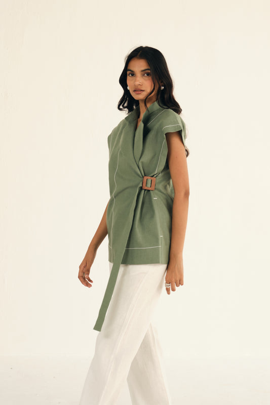 100% Linen Cap Sleeves Jacket | Green