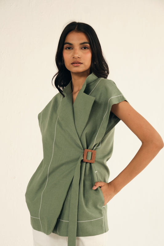 100% Linen Cap Sleeves Jacket | Green