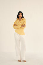 100% Linen Drawstring Straight Pants | White