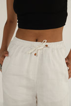 100% Linen Drawstring Straight Pants | White