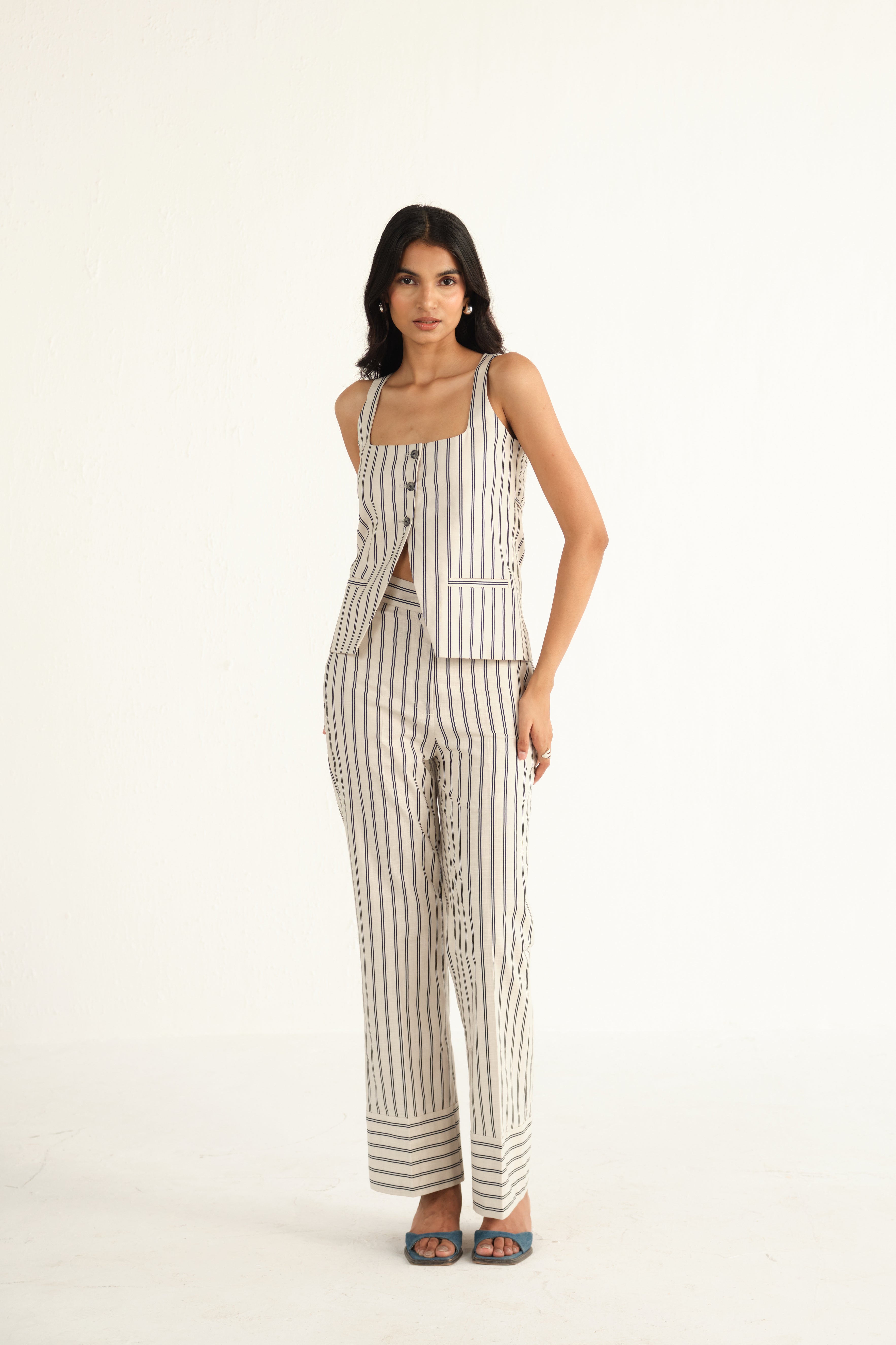 Linen Striped Waistcoat | Beige & Blue