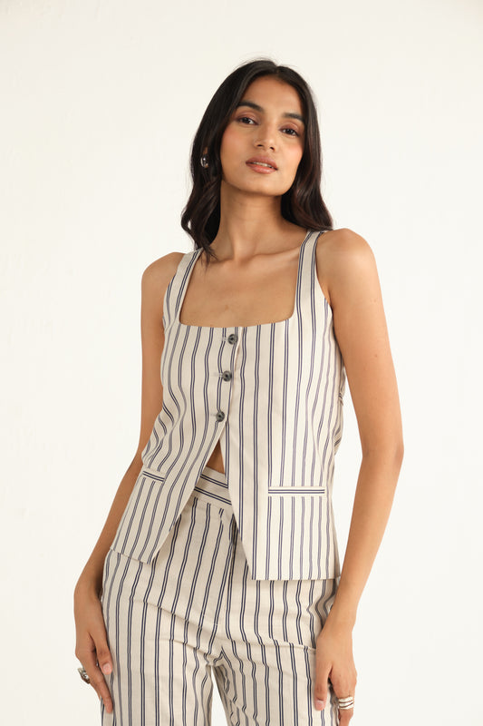 Linen Striped Waistcoat | Beige & Blue